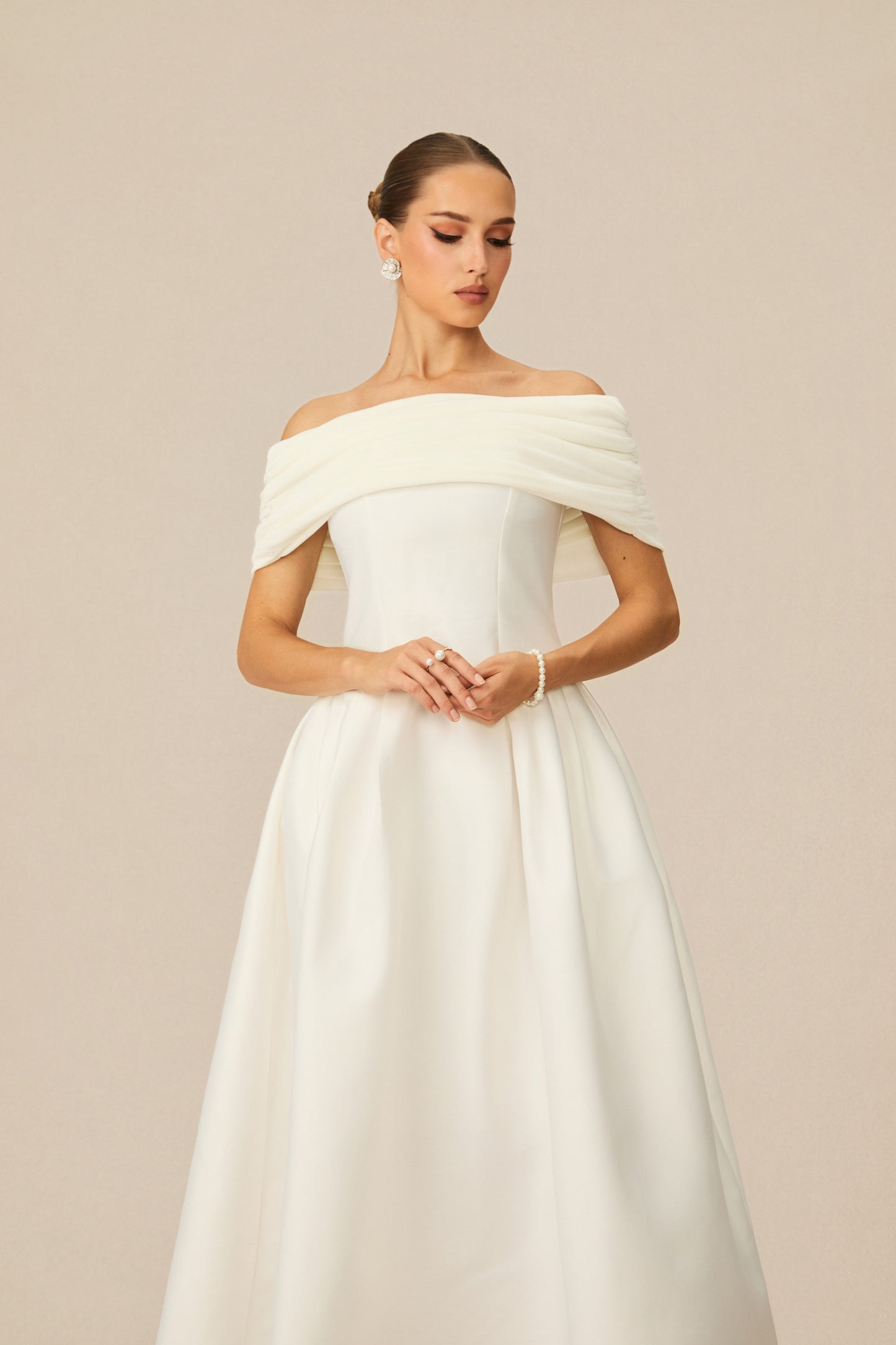 Vivian Off Shoulder Flare Satin Midi Dress