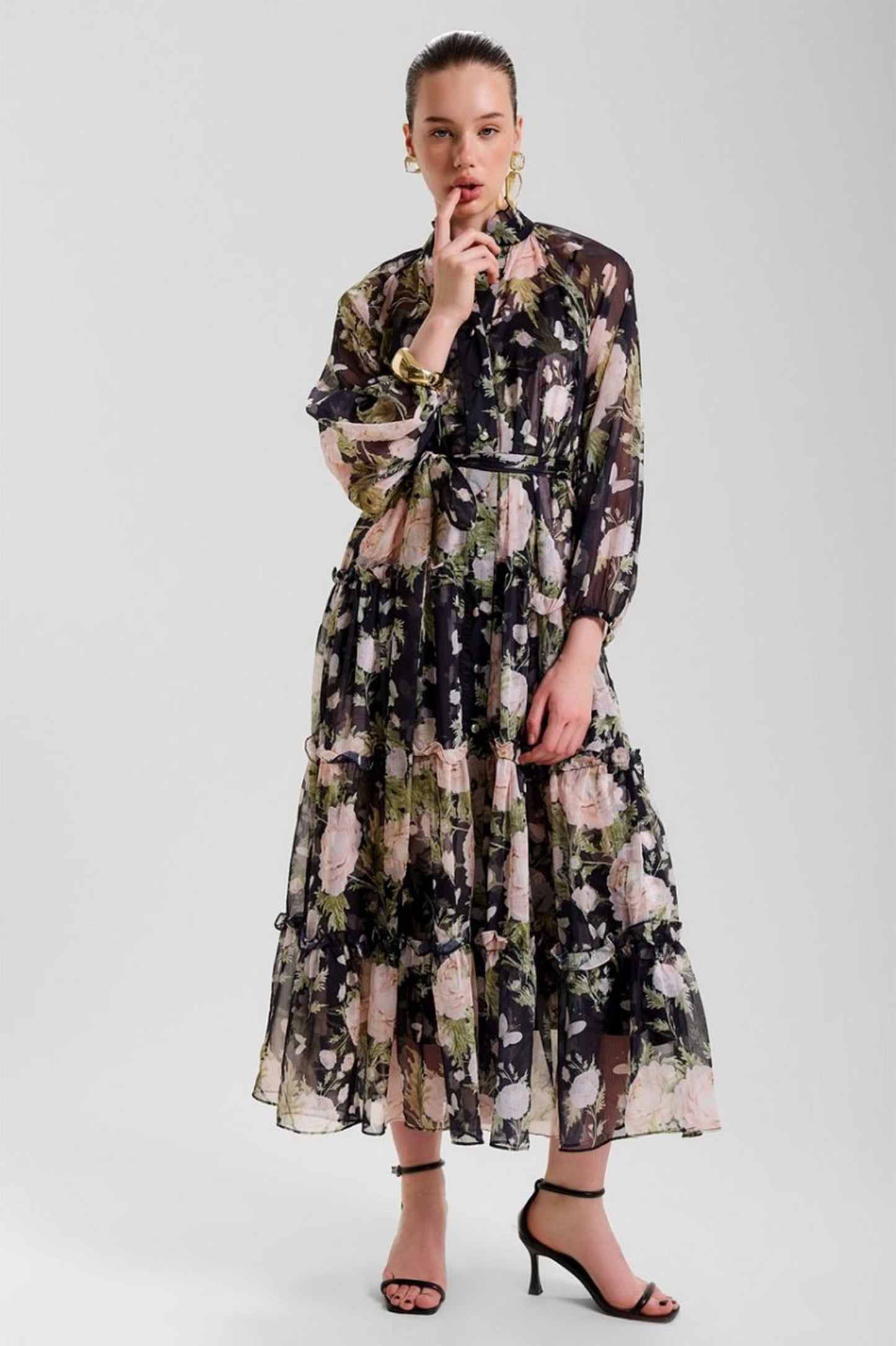 Angelica Floral Print Tiered Ruffle Maxi Dress