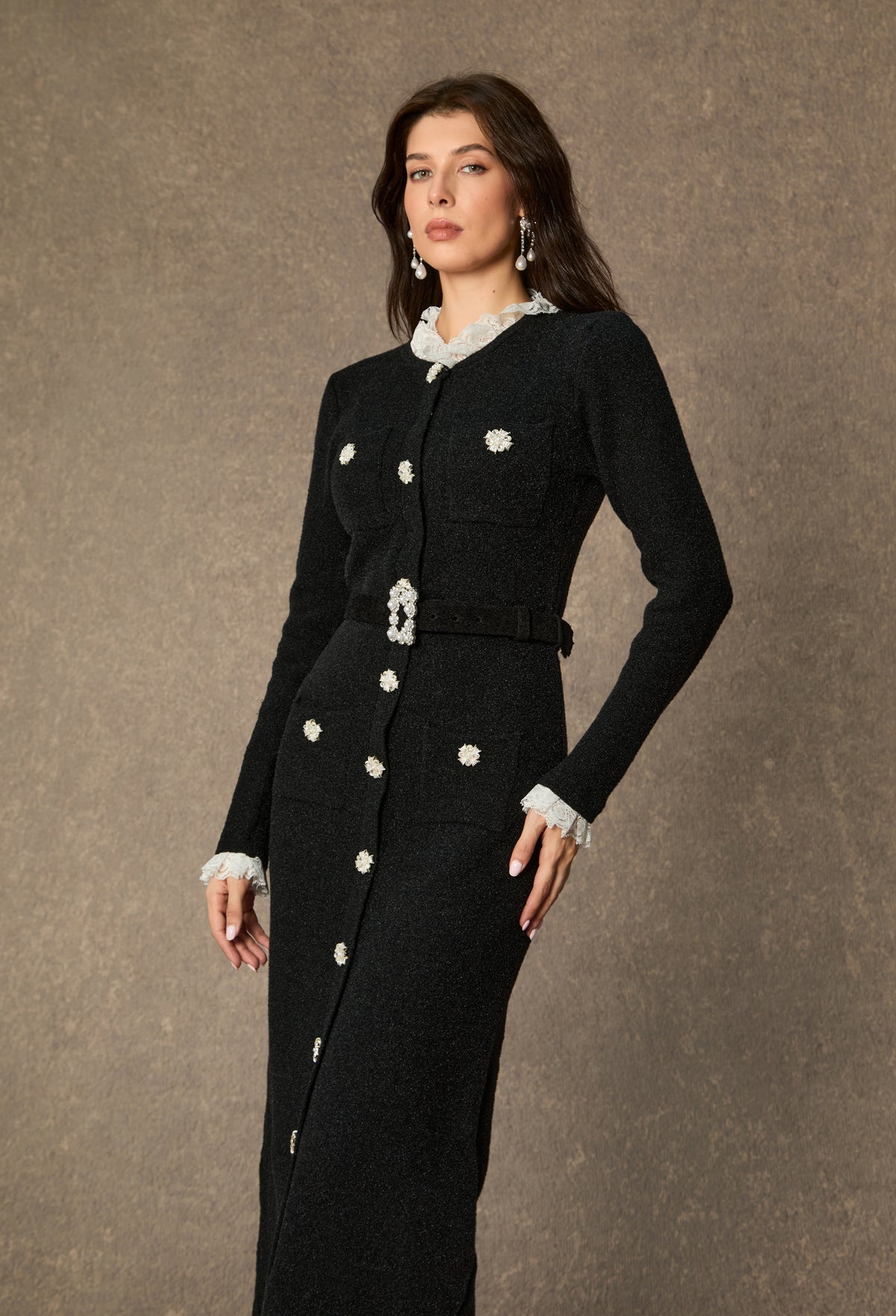 Classic Poise Black Ruffle Trim Knit Midi Dress