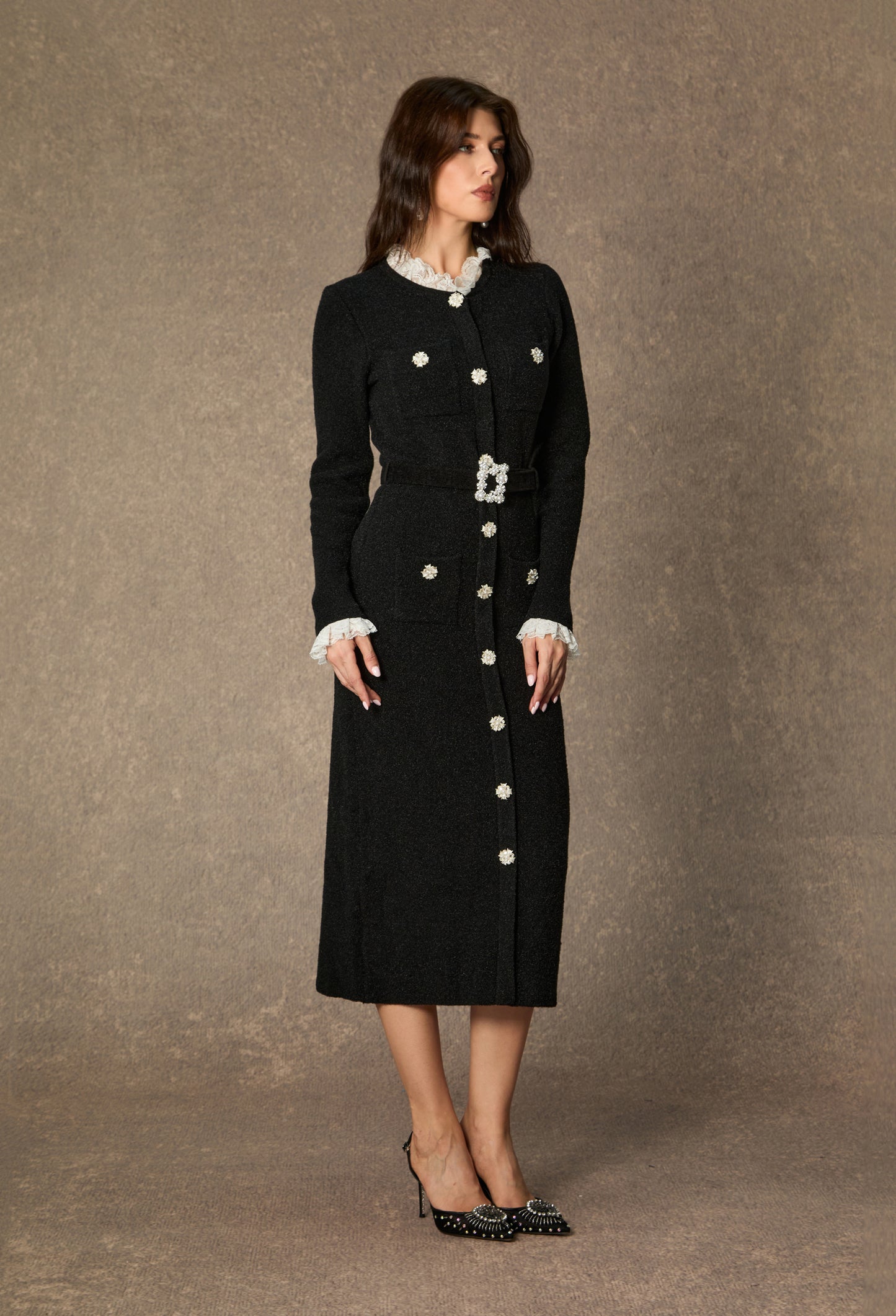Classic Poise Black Ruffle Trim Knit Midi Dress
