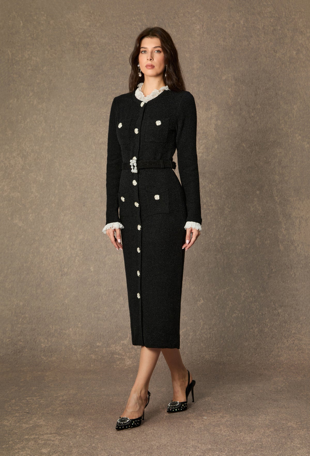 Classic Poise Black Ruffle Trim Knit Midi Dress