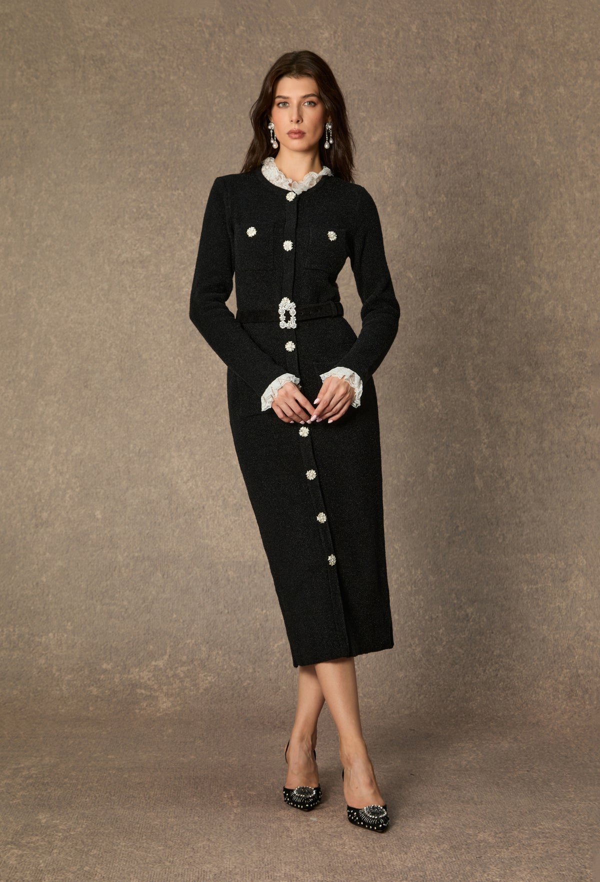 Classic Poise Black Ruffle Trim Knit Midi Dress
