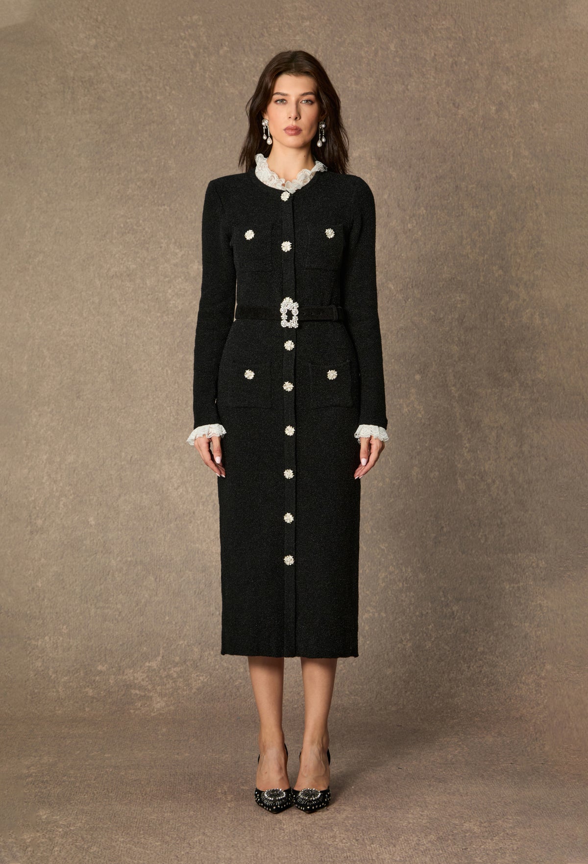 Classic Poise Black Ruffle Trim Knit Midi Dress