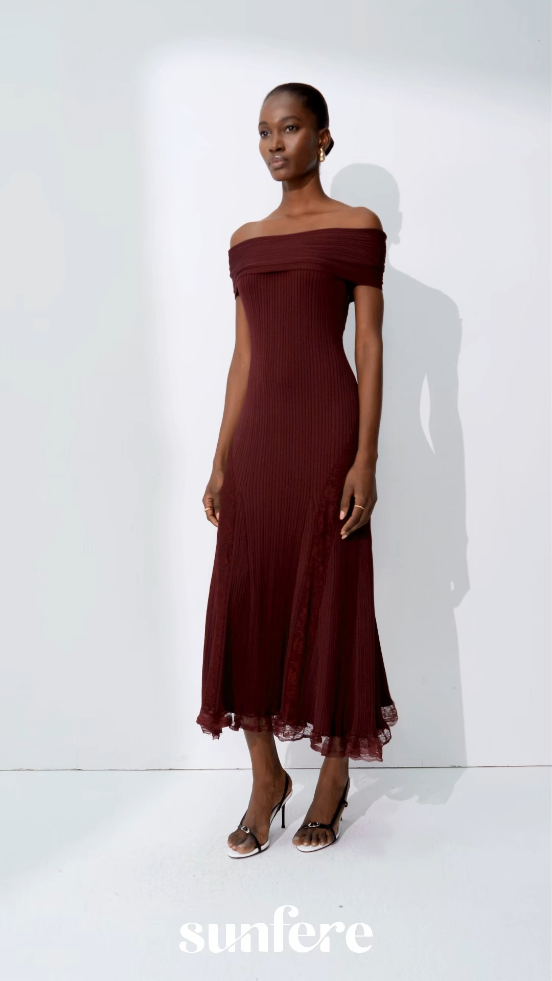 Magic Memory Burgundy Off Shoulder Lace Hem Knit Midi Dress