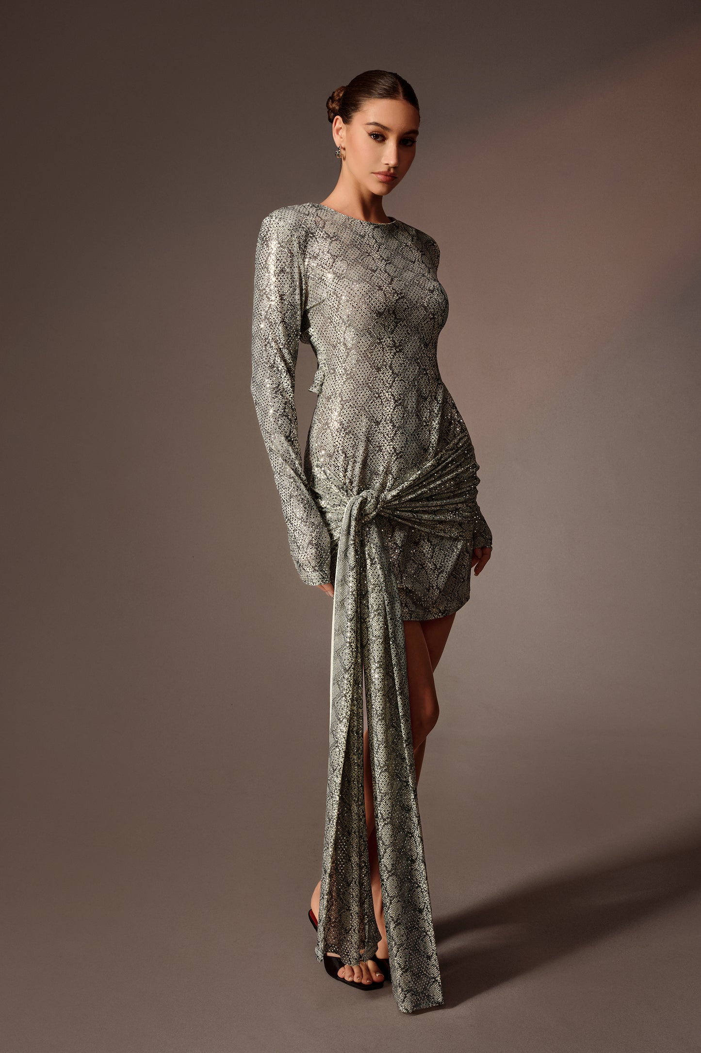 Dangerous Mood Silver Snake Print Long Sleeve Knotted Mini Dress