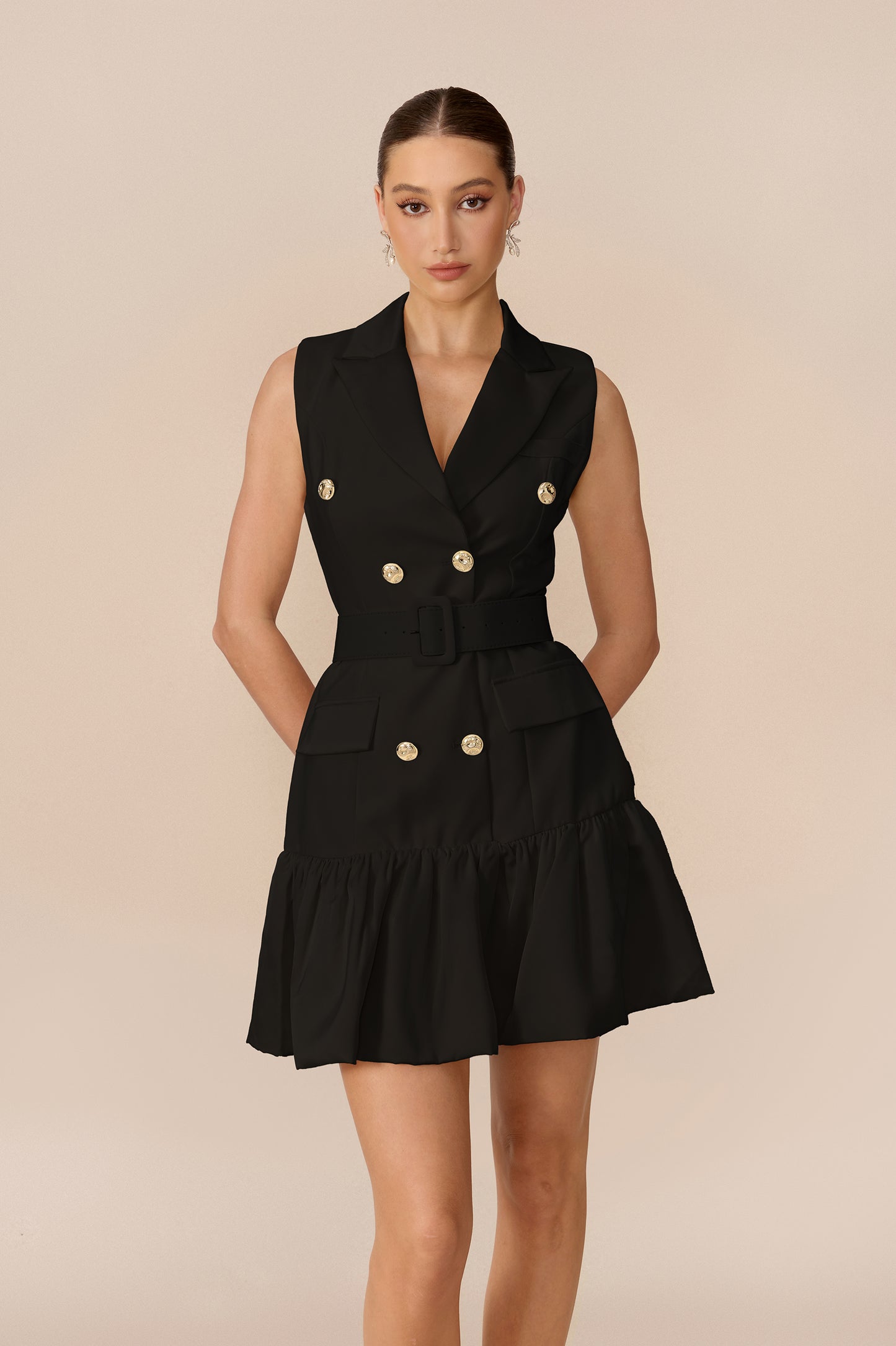 Polished Playful Black Double Breasted Ruffle Hem Mini Dress