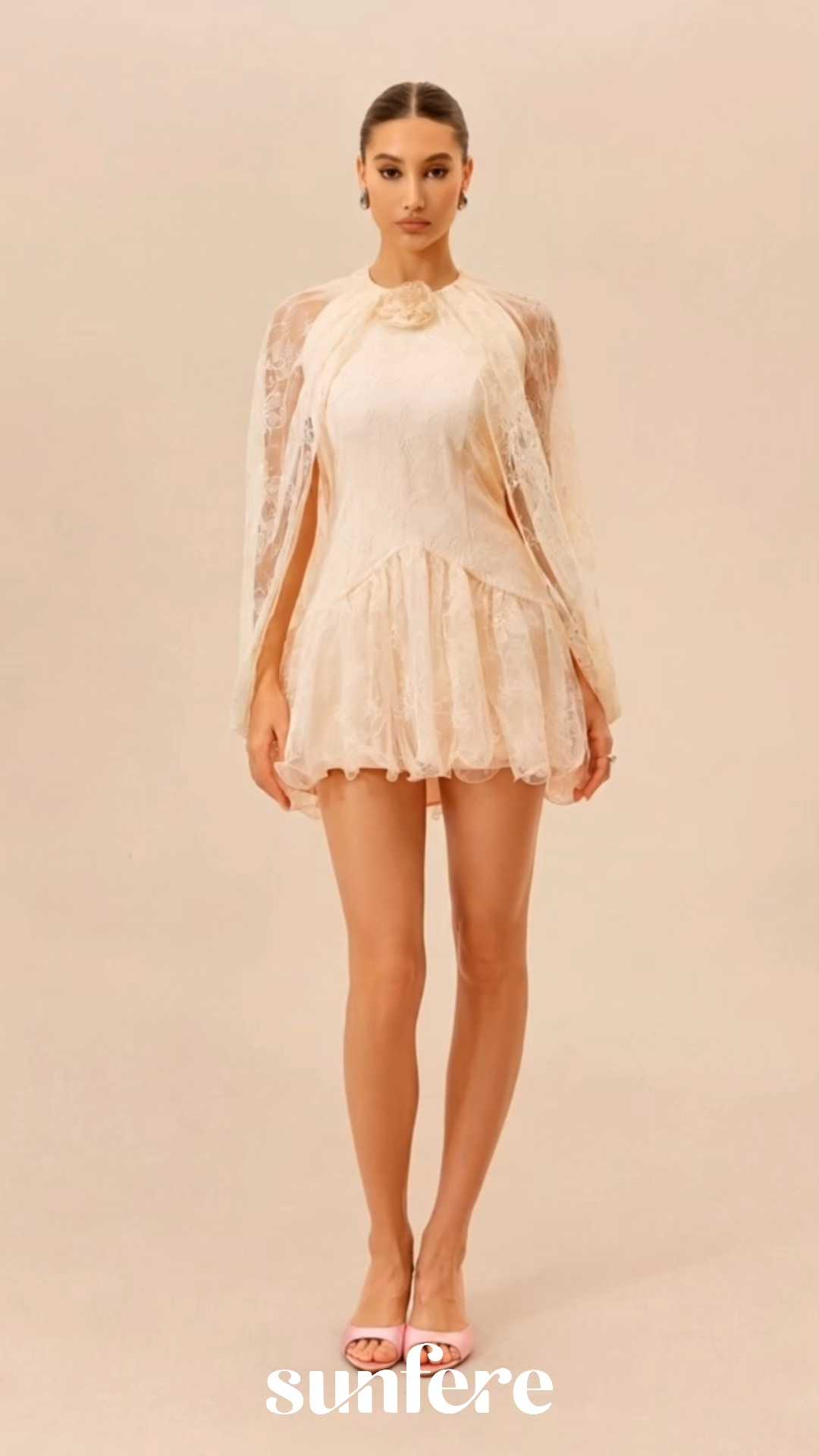 Sunday Stroll Apricot Cape Sleeve Floral Lace Mini Dress