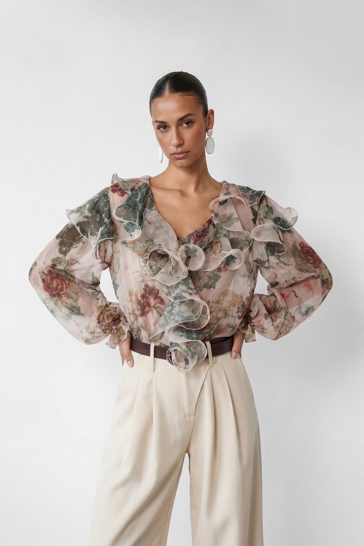 Pretty Moment Multi Floral Print Ruffle Chiffon Blouse