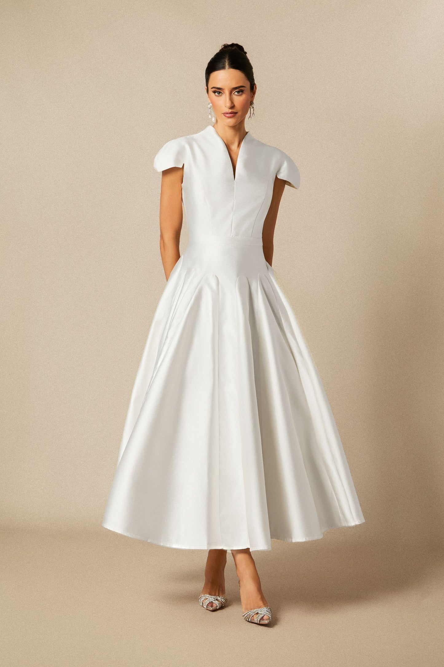 Tiana Cap Sleeve V-Neck Satin Midi Dress