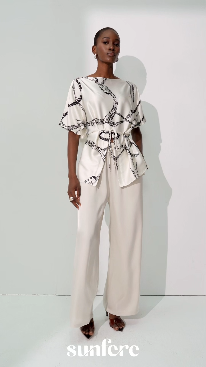 Easy Moment White Abstract Print Side-Knot Wrap Blouse