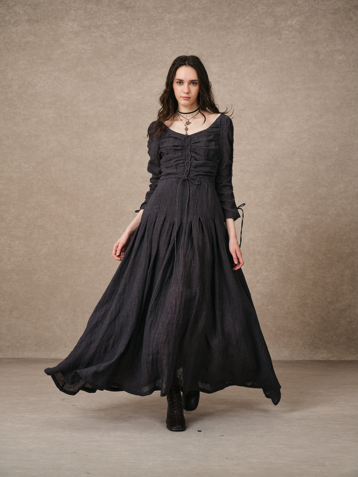 Emma 11 | Lace-Up Ruched Linen Maxi Dress