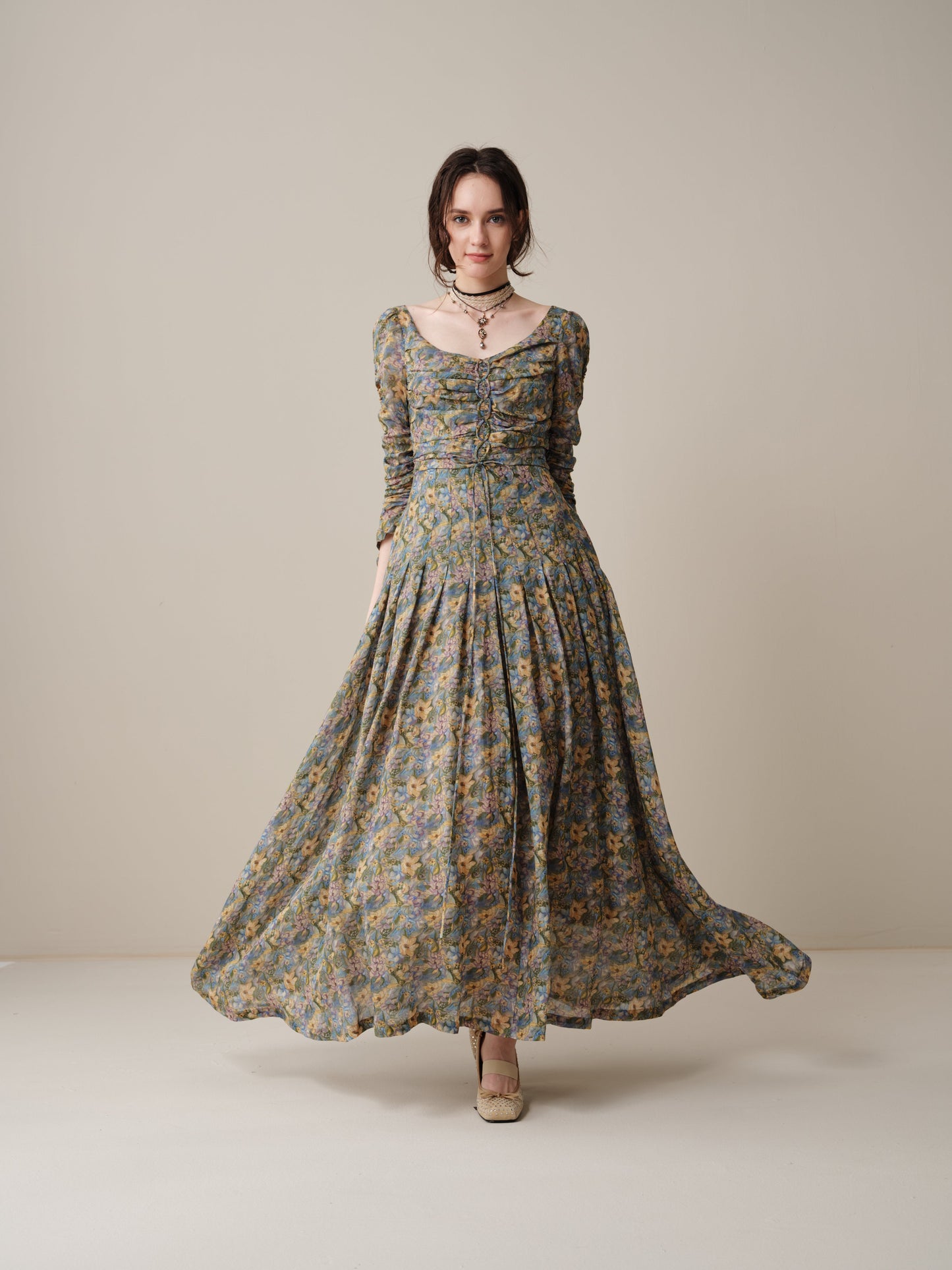 Emma 11 | Lace-Up Ruched Linen Maxi Dress