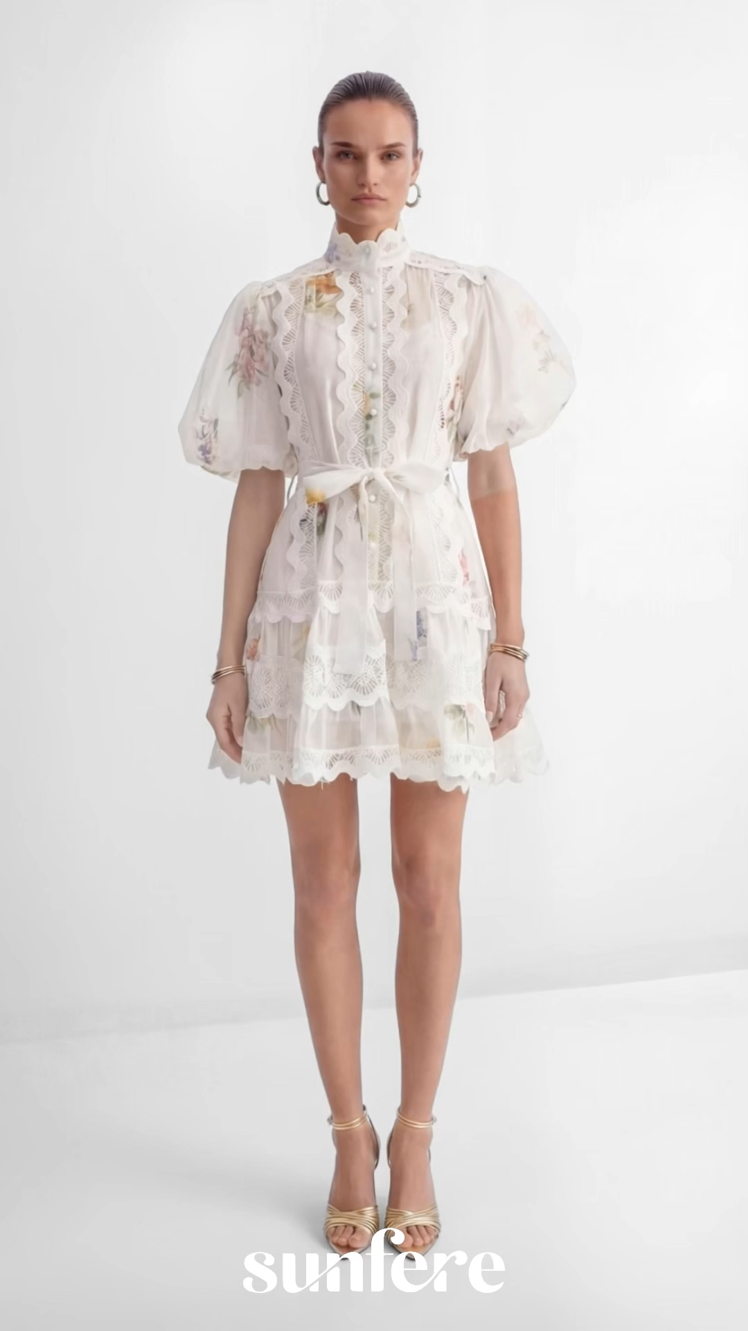 Whimsical Beauty Cream White Floral Print Lace Trim Mini Dress