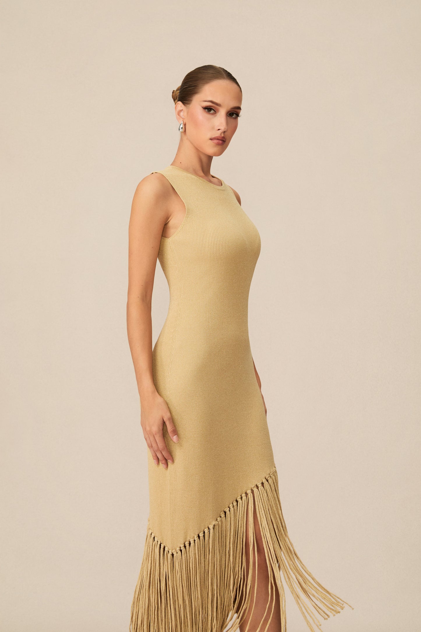 Easily Gorgeous Beige Fringe Knit Midi Dress