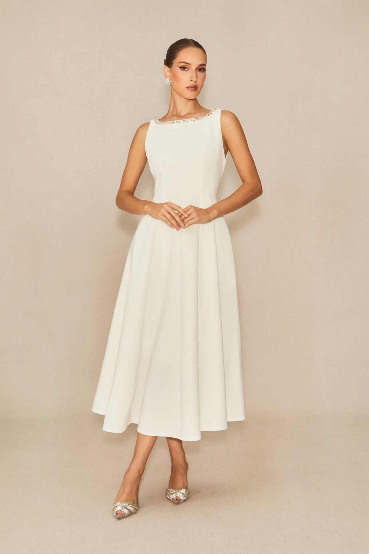 Captured Your Heart White Embellished Sleeveless Midi Dress