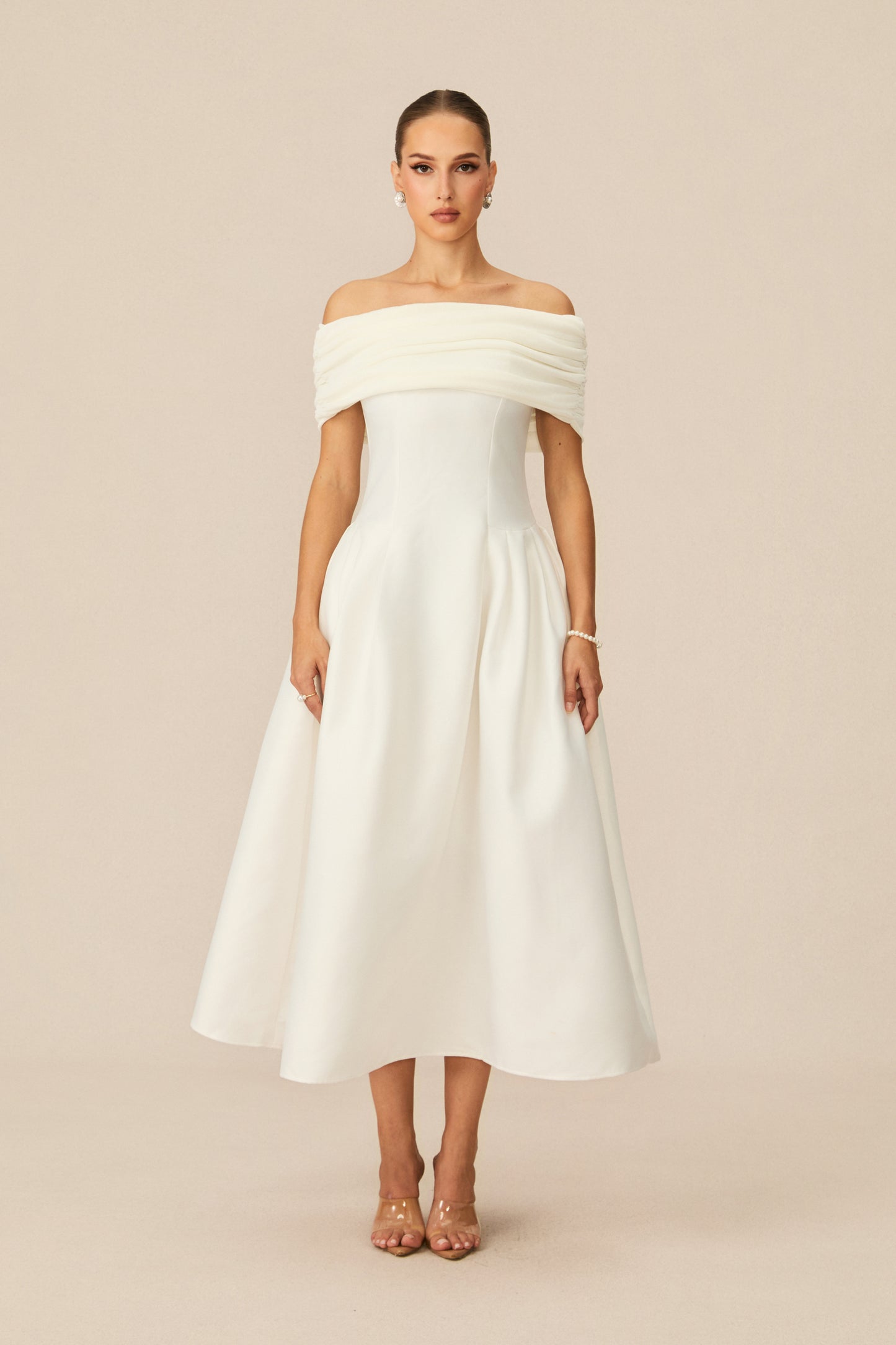 Vivian Off Shoulder Flare Satin Midi Dress