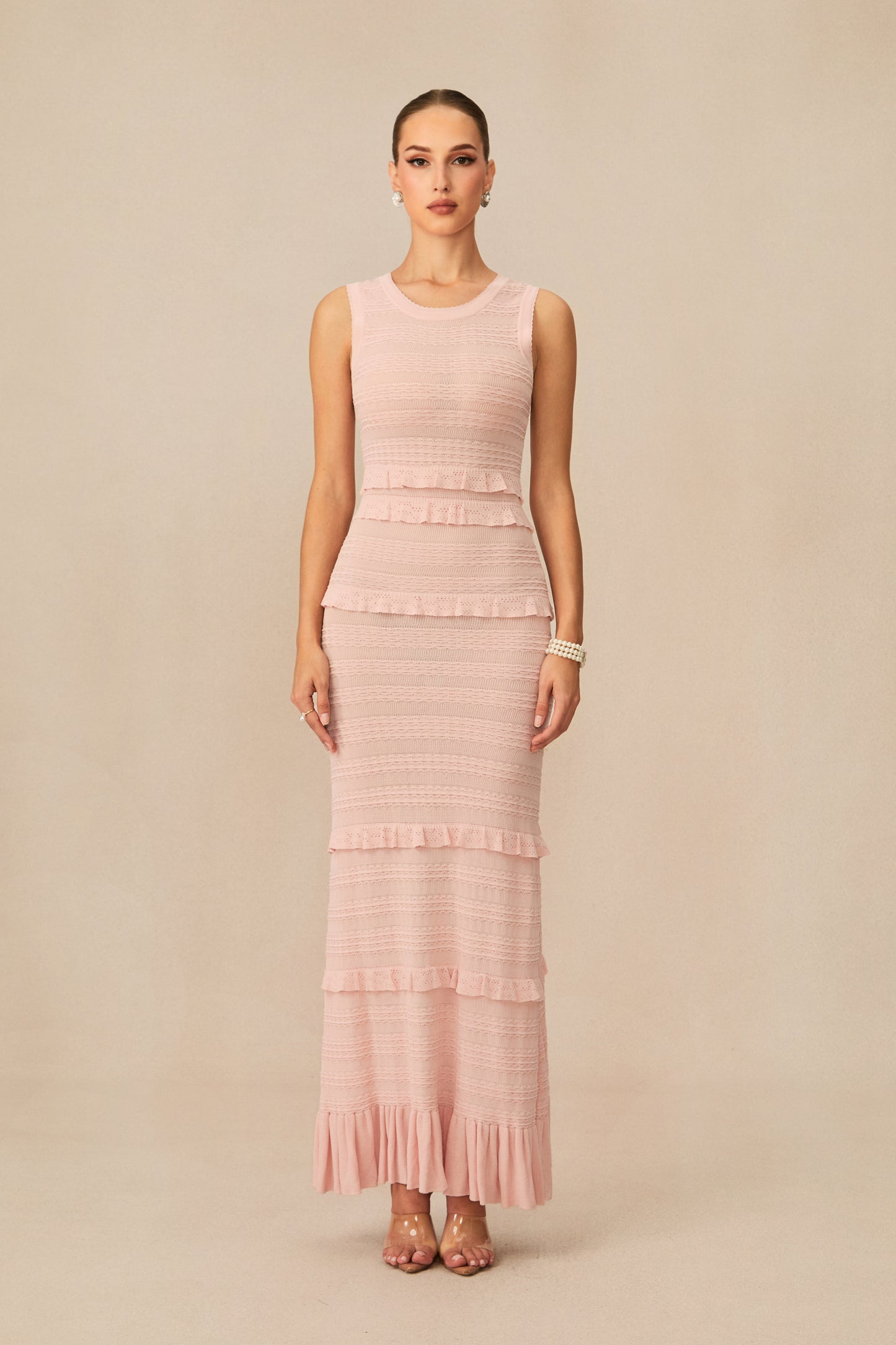 Cute Simplicity Pink Textured Knit Maxi Dress & Cardigan Set
