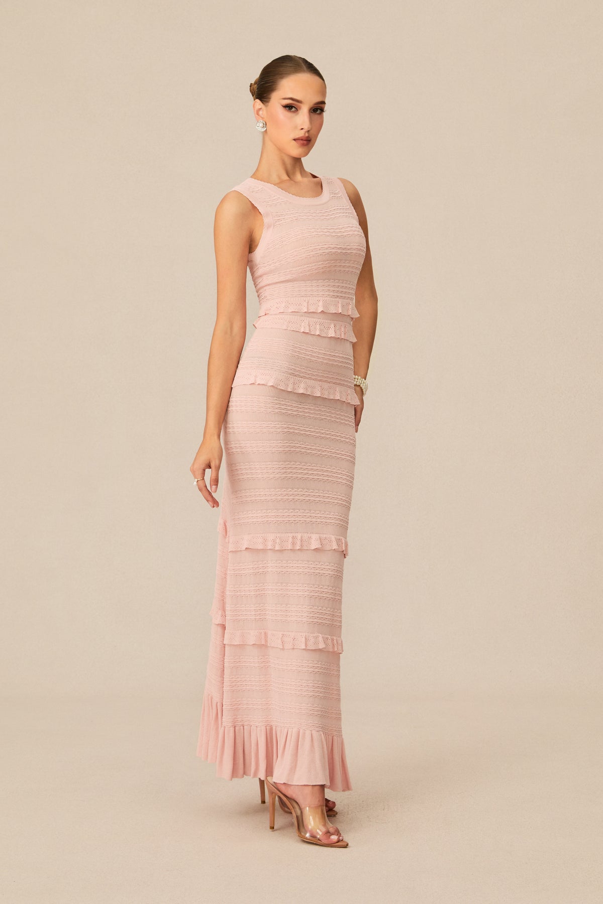 Cute Simplicity Pink Textured Knit Maxi Dress & Cardigan Set