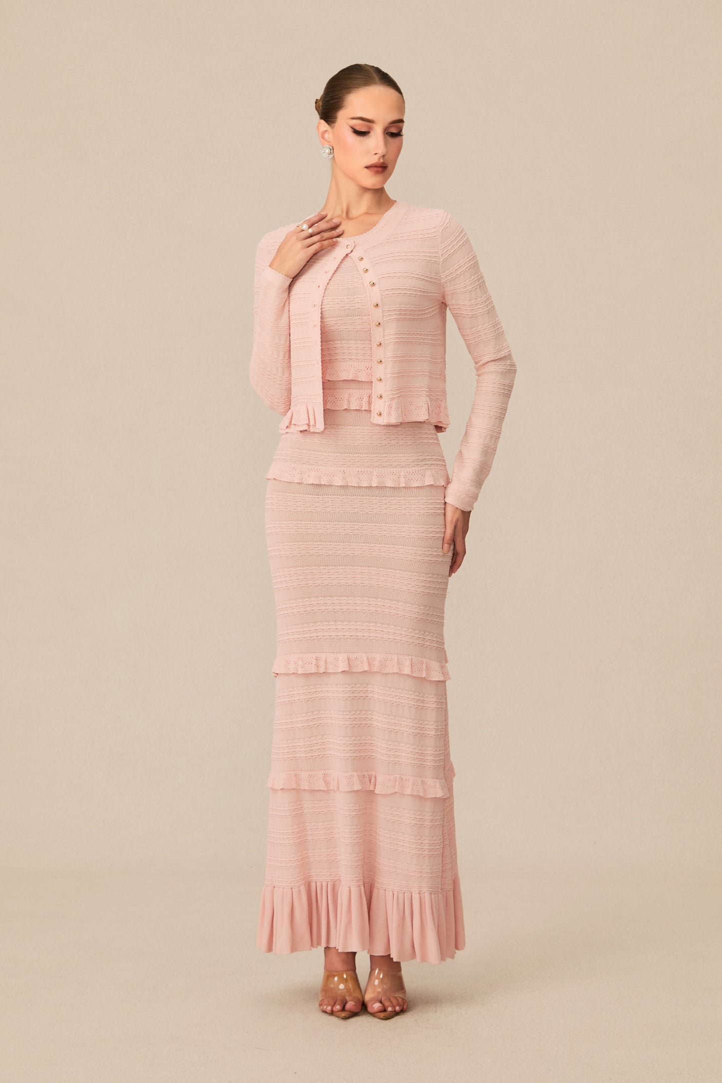 Cute Simplicity Pink Textured Knit Maxi Dress & Cardigan Set