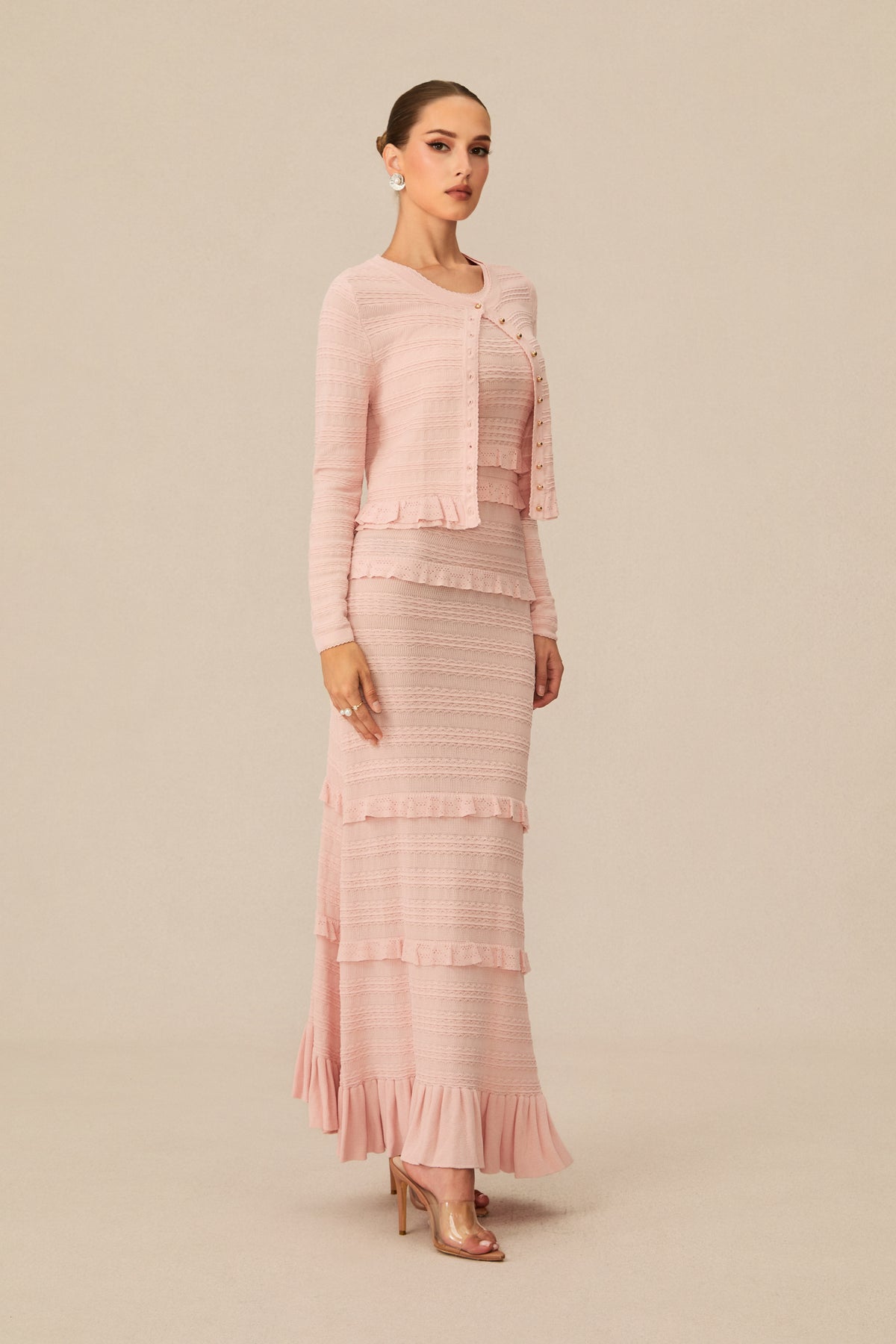 Cute Simplicity Pink Textured Knit Maxi Dress & Cardigan Set