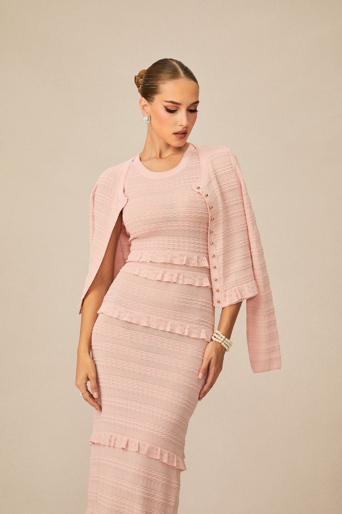 Cute Simplicity Pink Textured Knit Maxi Dress & Cardigan Set