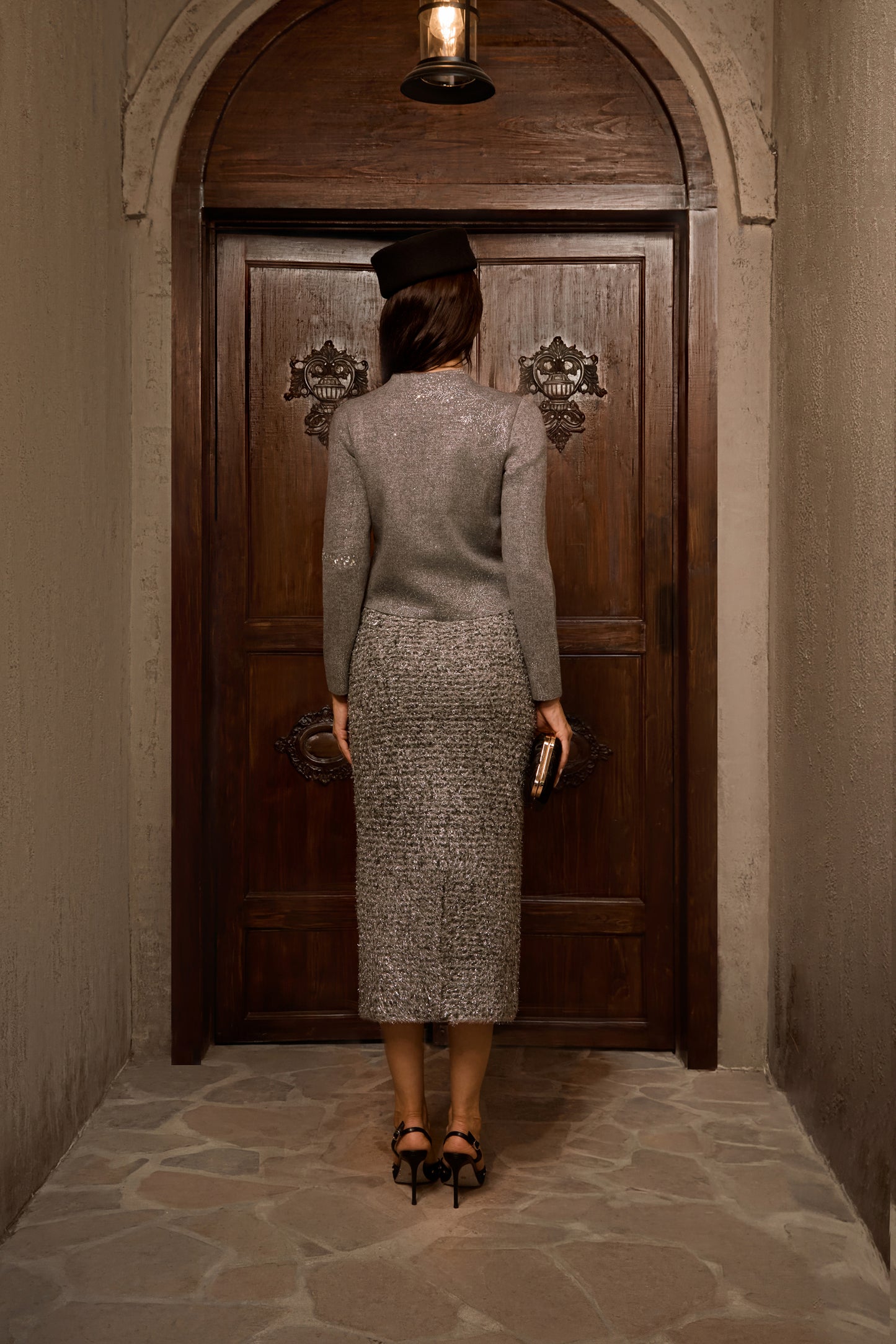 Comfort Style Grey Crystal Embellished Knit Jacket