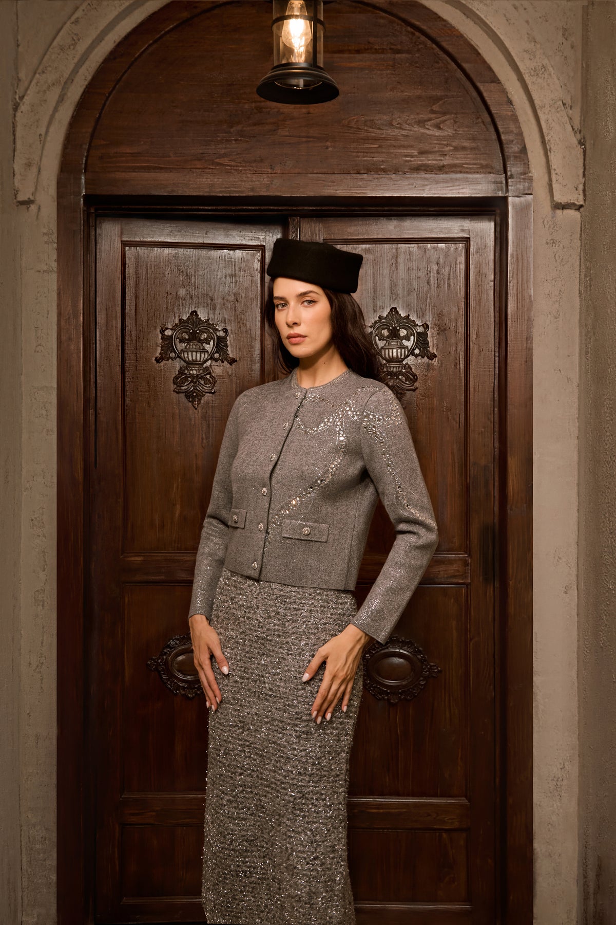 Comfort Style Grey Crystal Embellished Knit Jacket