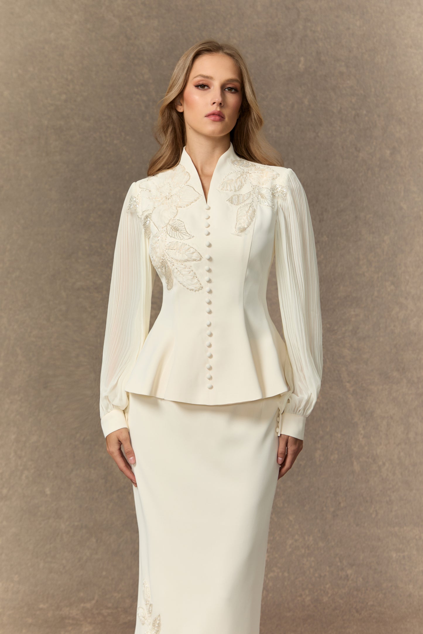 Dressed To Dazzle White Floral Embroidery Pleated Sleeve Skirt Set
