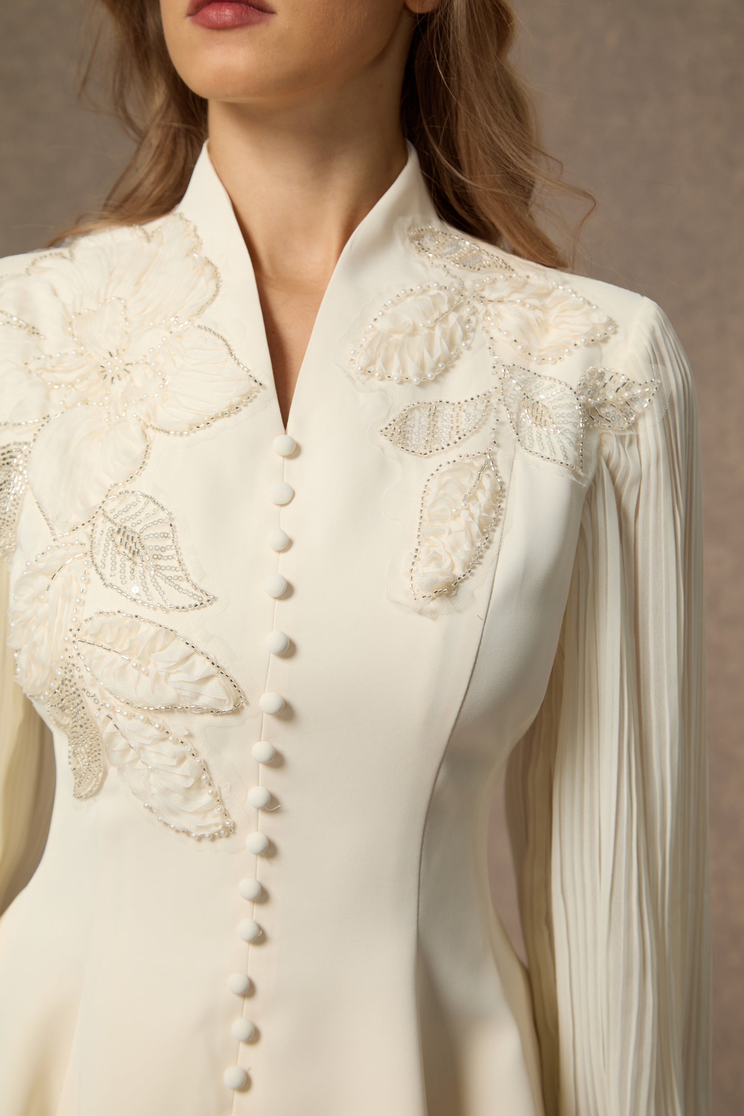 Dressed To Dazzle White Floral Embroidery Pleated Sleeve Skirt Set
