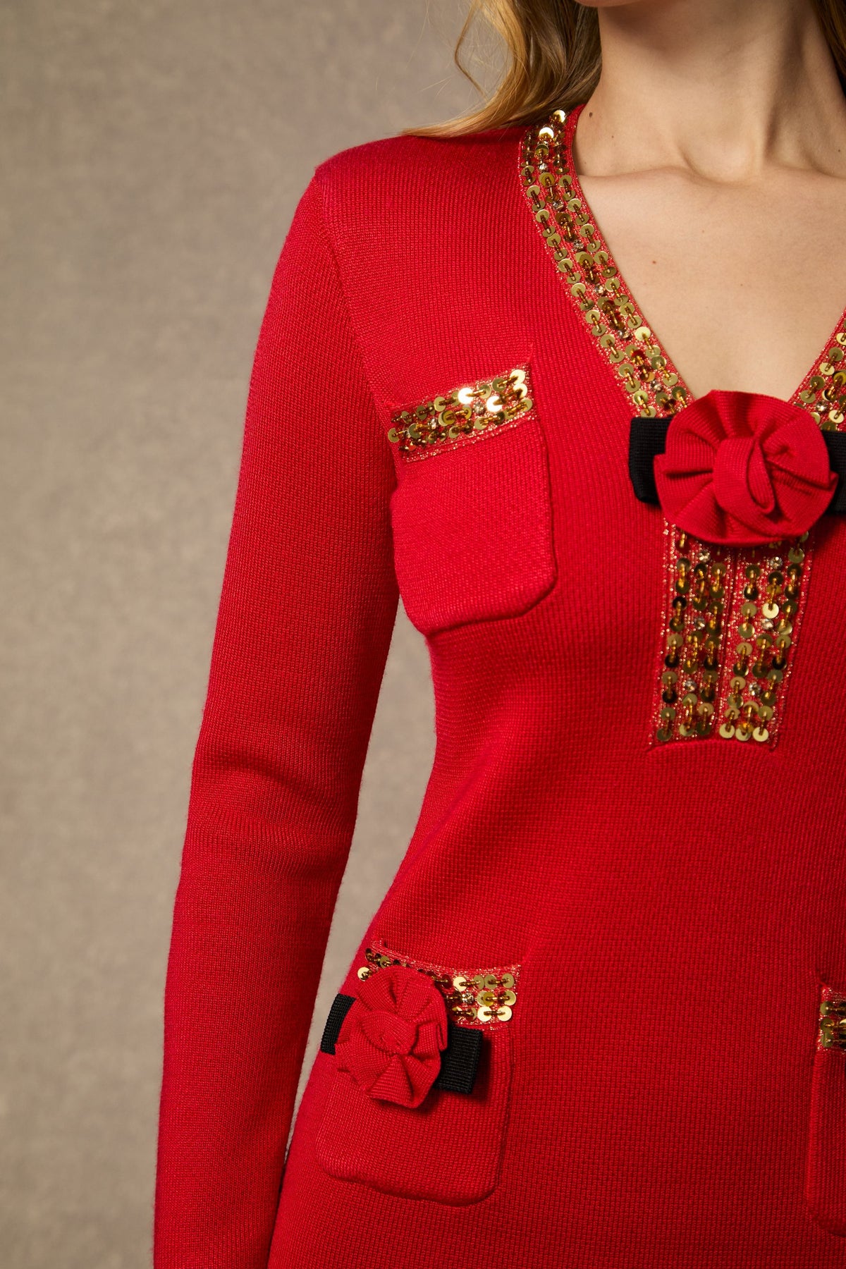 Garden Of Roses Red Sequin Trim Knit Mini Dress