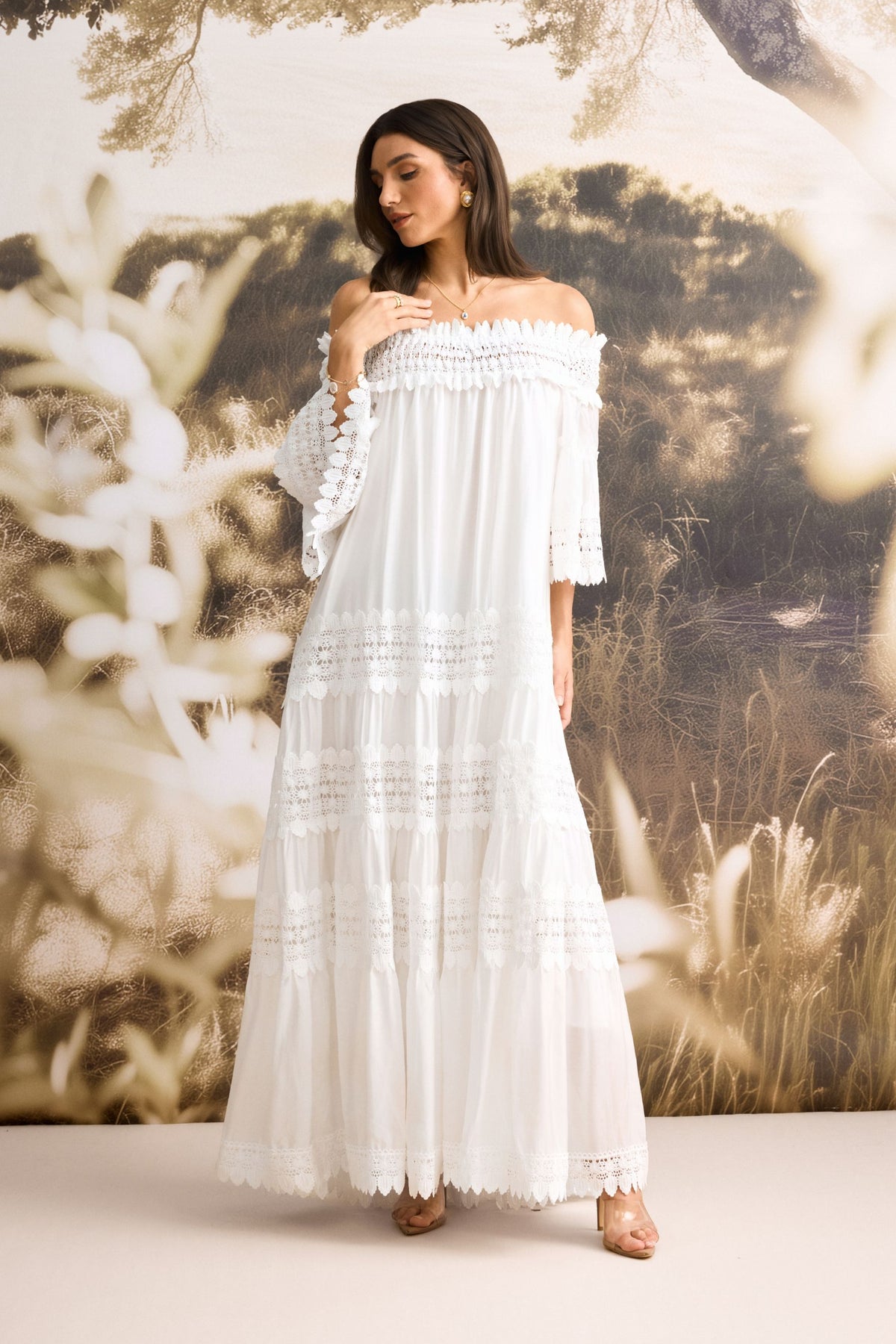 Maura Off Shoulder Lace Trim Maxi Dress