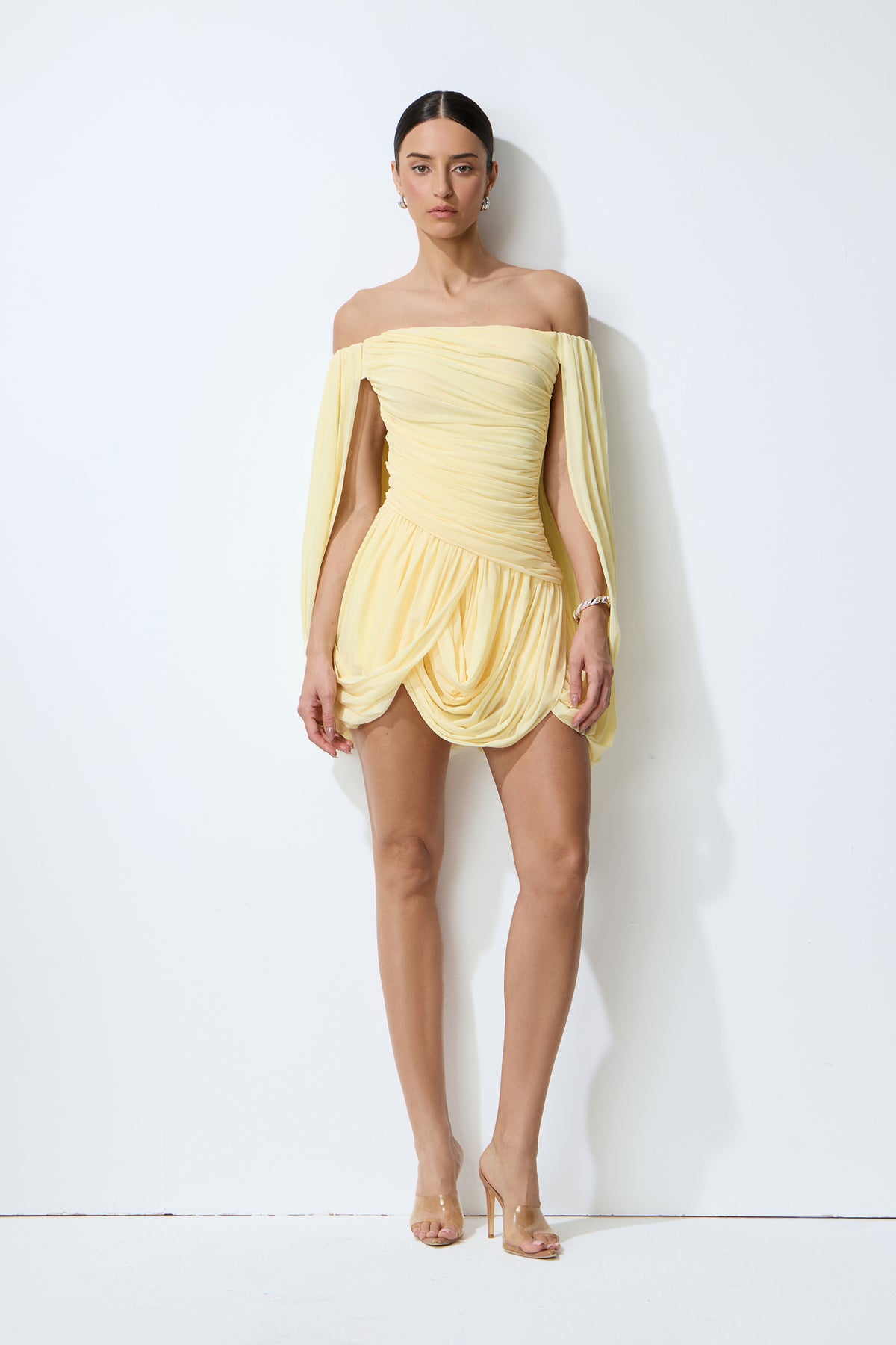 Adorable Impression Yellow Off Shoulder Draped Mini Dress
