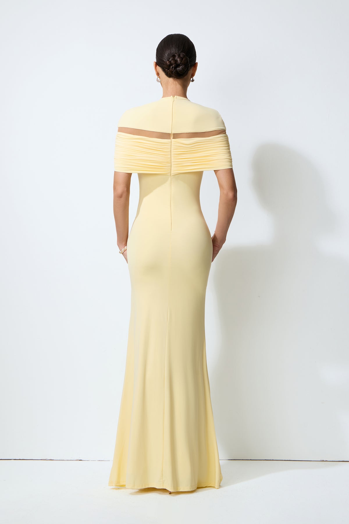 Softly Beautiful Yellow Ruched Crisscross Knit Maxi Dress