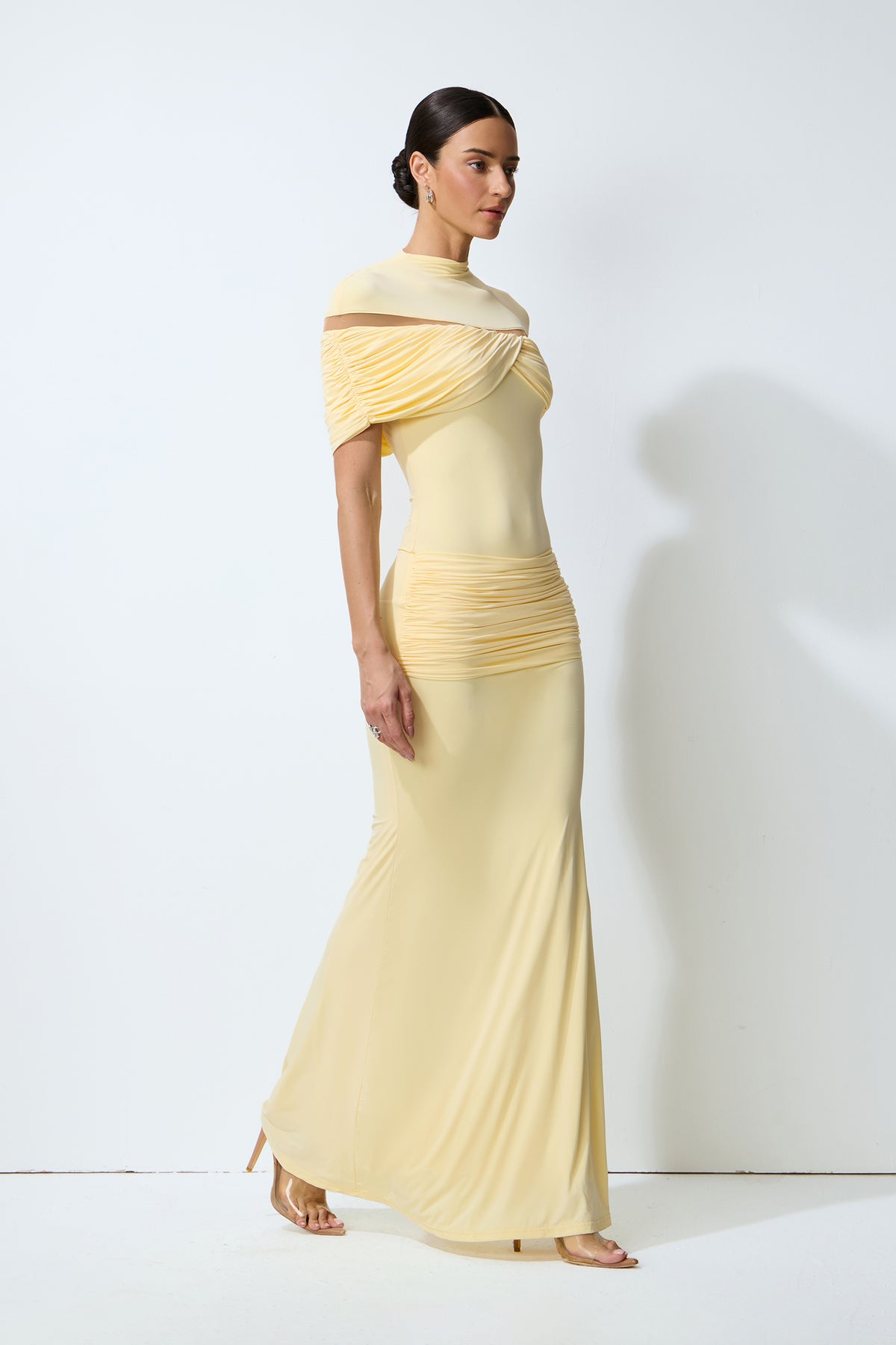 Softly Beautiful Yellow Ruched Crisscross Knit Maxi Dress