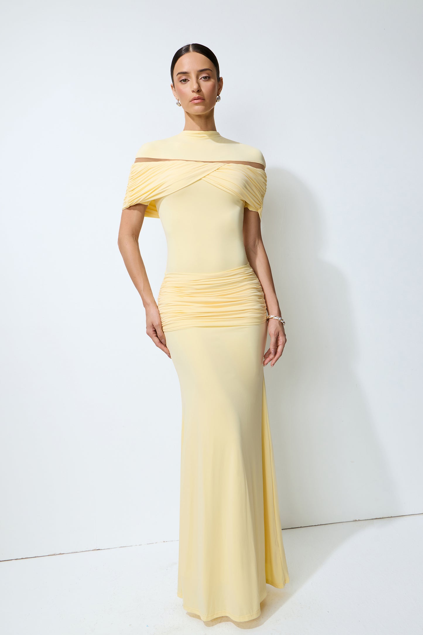 Softly Beautiful Yellow Ruched Crisscross Knit Maxi Dress