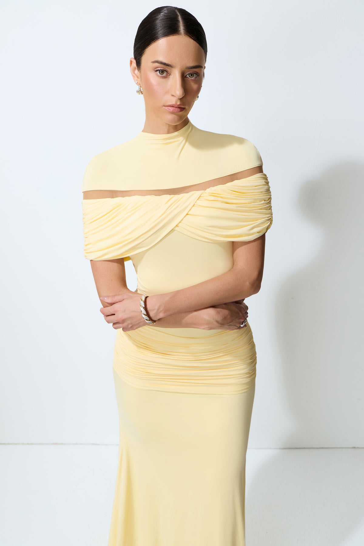Softly Beautiful Yellow Ruched Crisscross Knit Maxi Dress