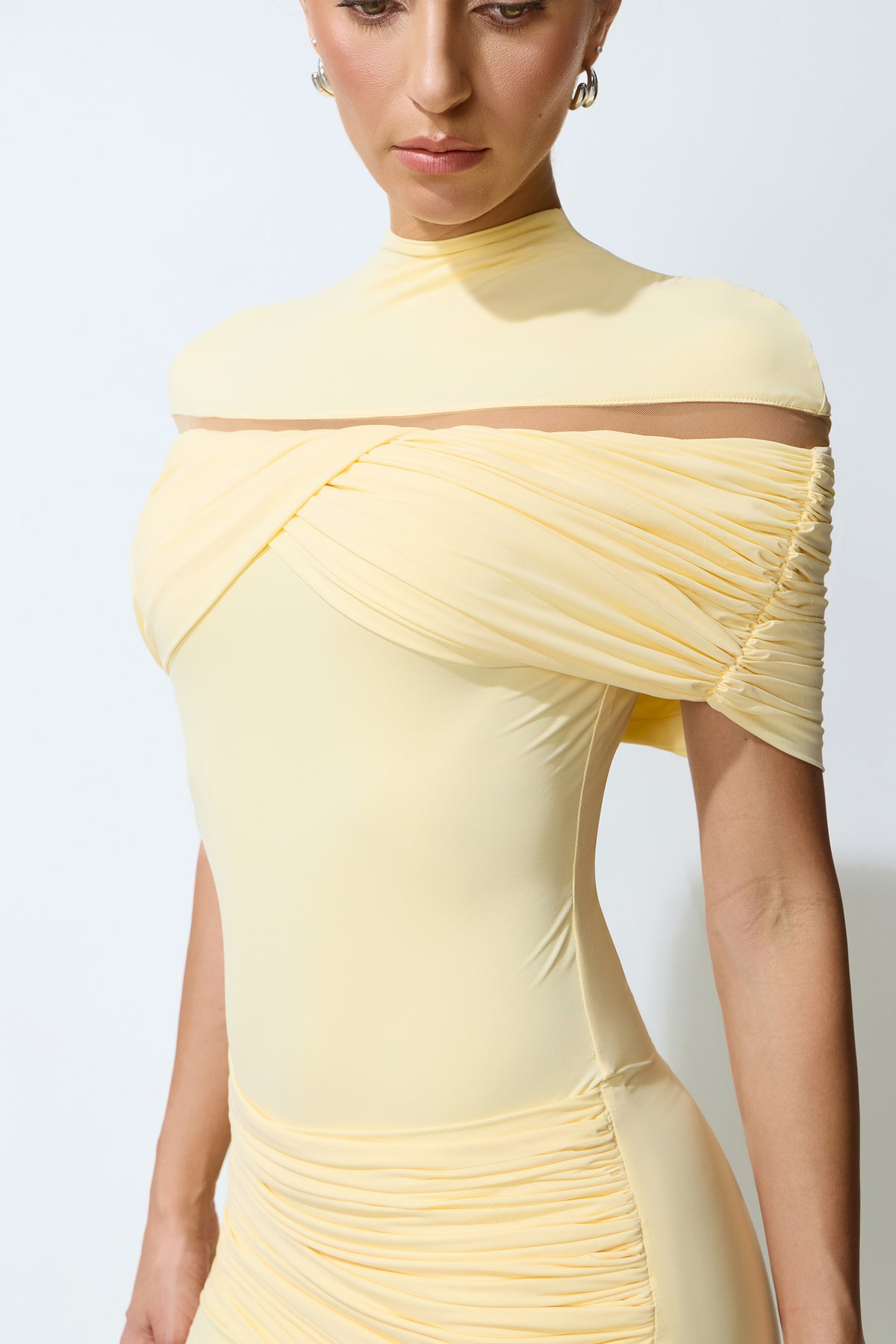 Softly Beautiful Yellow Ruched Crisscross Knit Maxi Dress