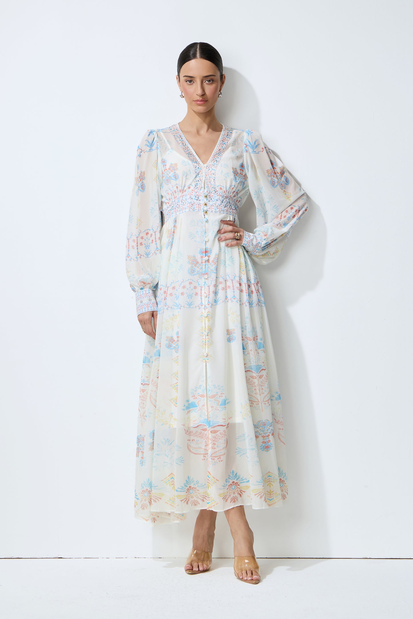 Morning Wanderer White Floral Print V-Neck Maxi Dress