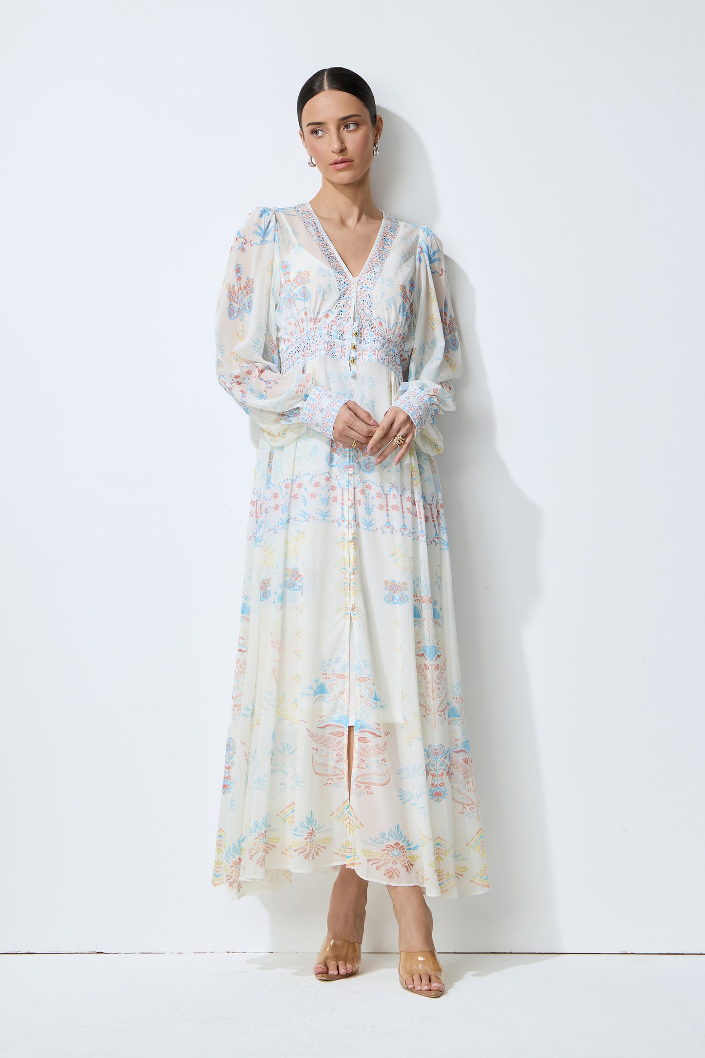 Morning Wanderer White Floral Print V-Neck Maxi Dress