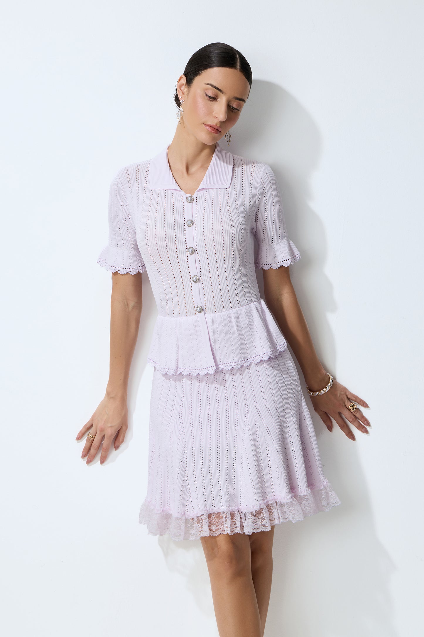 All Day Comfort Purple Tiered Lace Hem Knit Mini Dress
