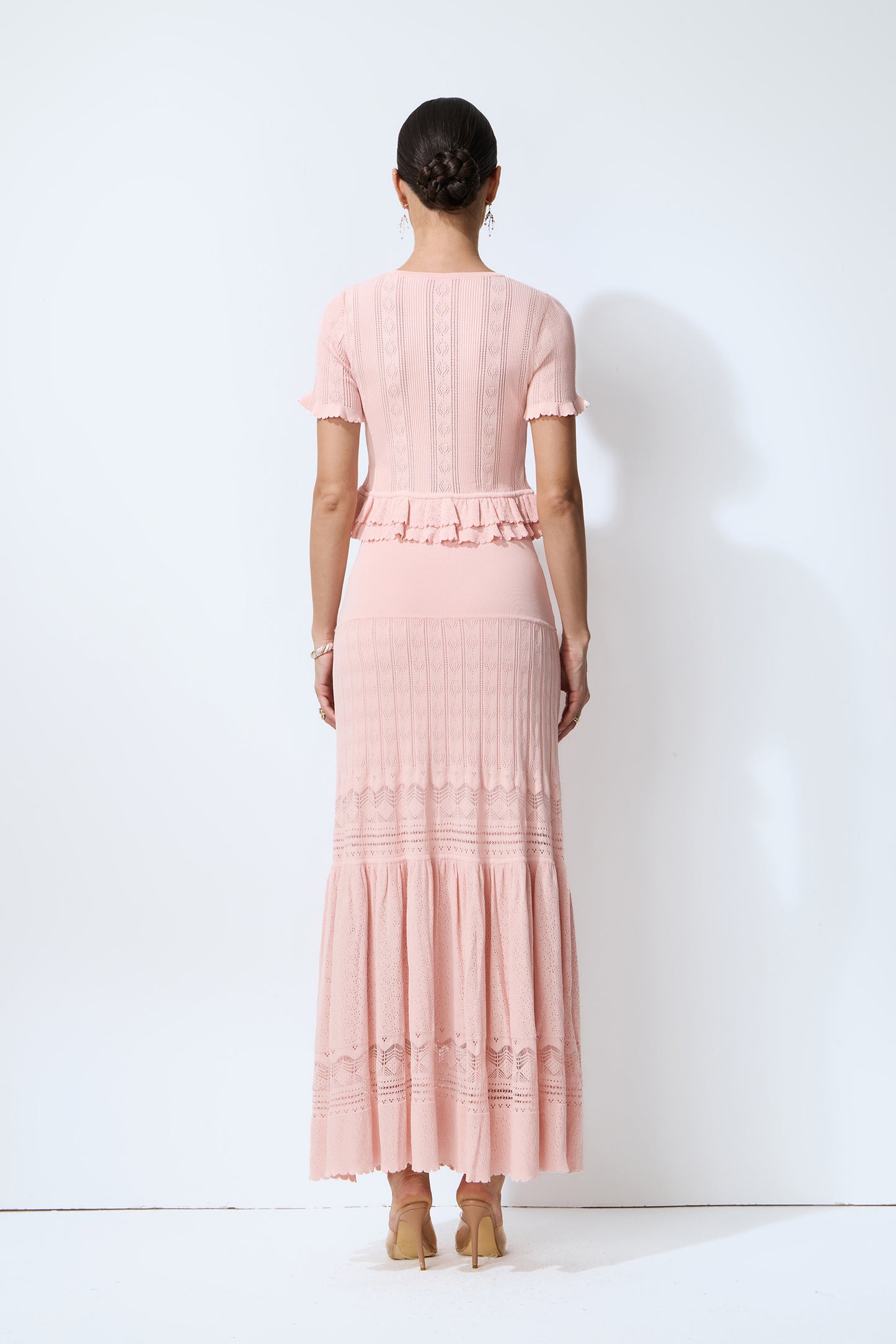 Sweetly Poised Pink Peplum Ruffle Knit Top & Skirt Set
