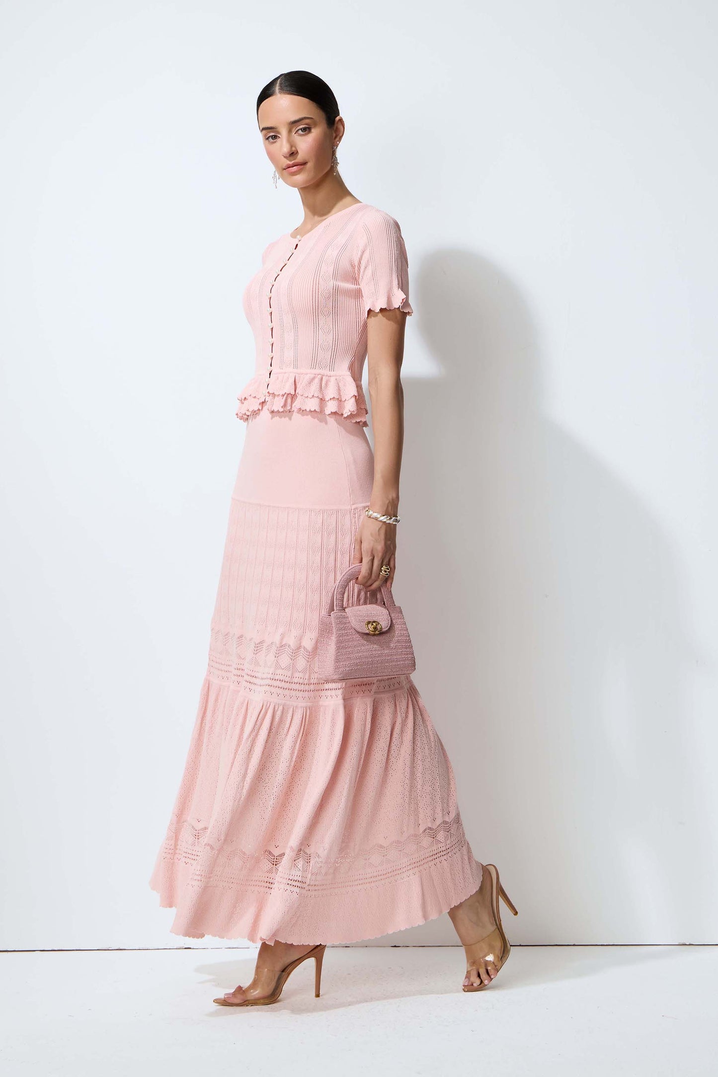Sweetly Poised Pink Peplum Ruffle Knit Top & Skirt Set