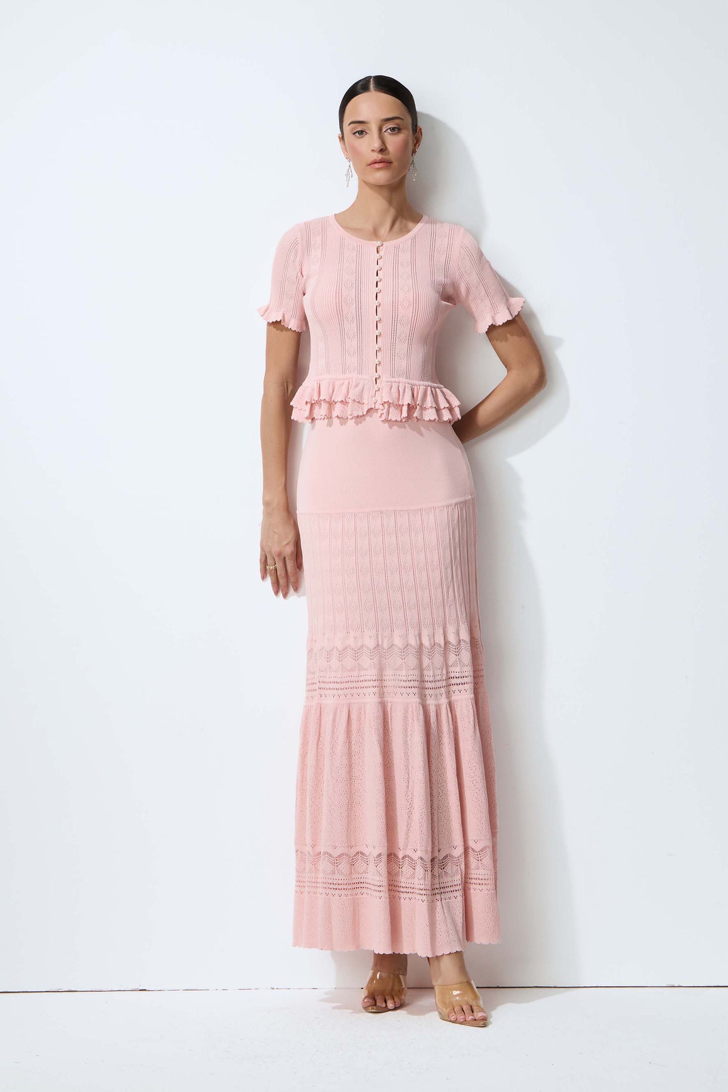 Sweetly Poised Pink Peplum Ruffle Knit Top & Skirt Set