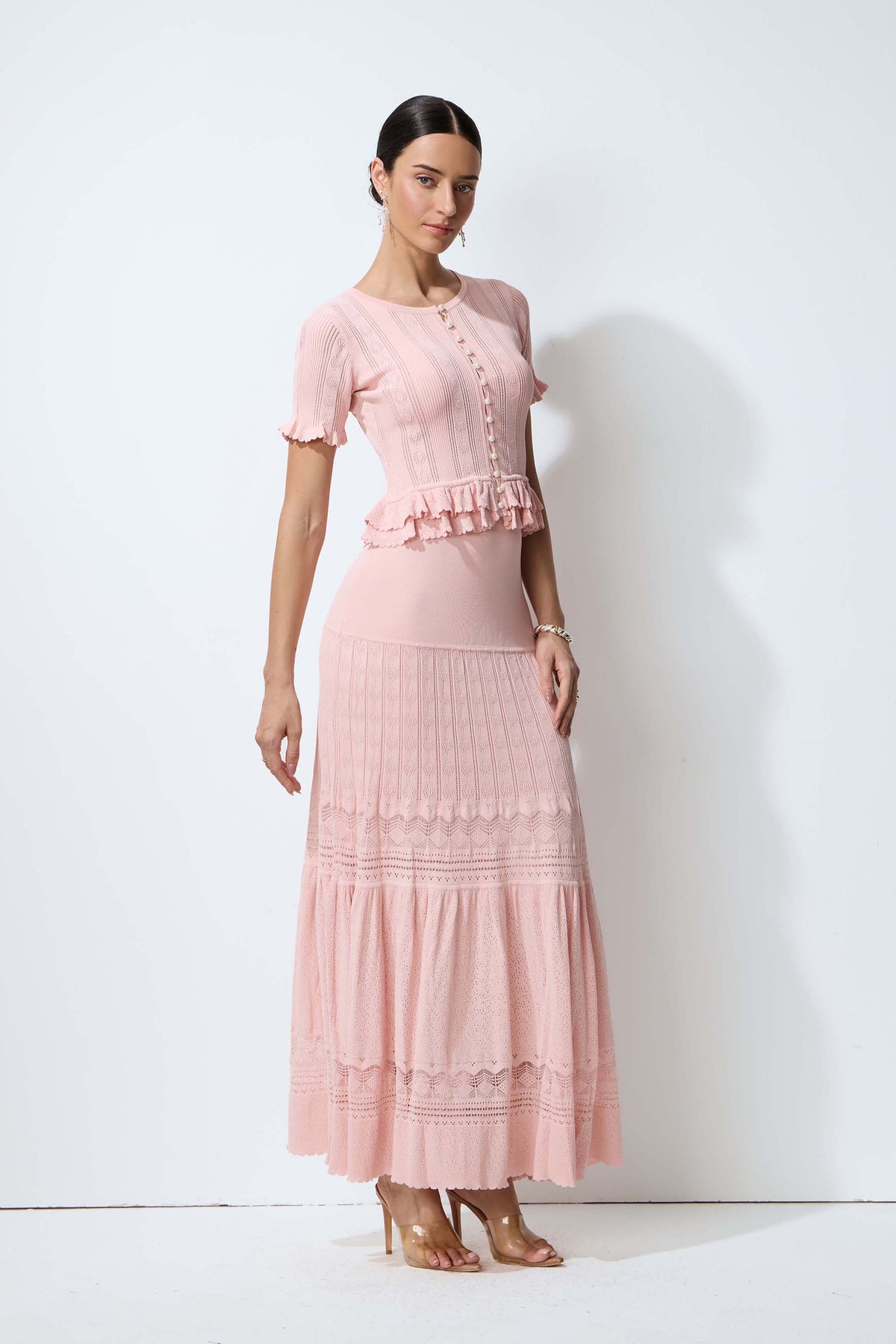 Sweetly Poised Pink Peplum Ruffle Knit Top & Skirt Set