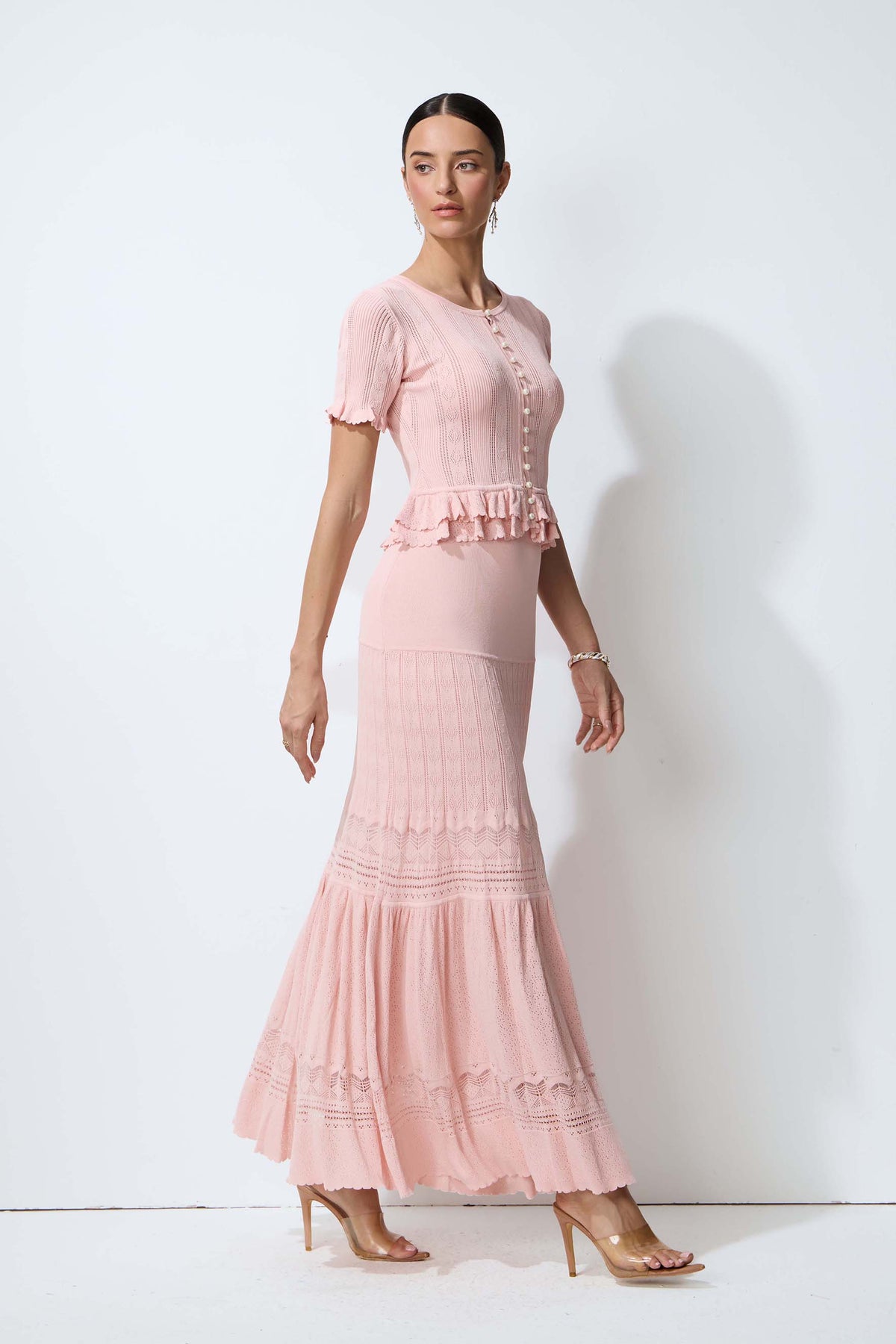 Sweetly Poised Pink Peplum Ruffle Knit Top & Skirt Set