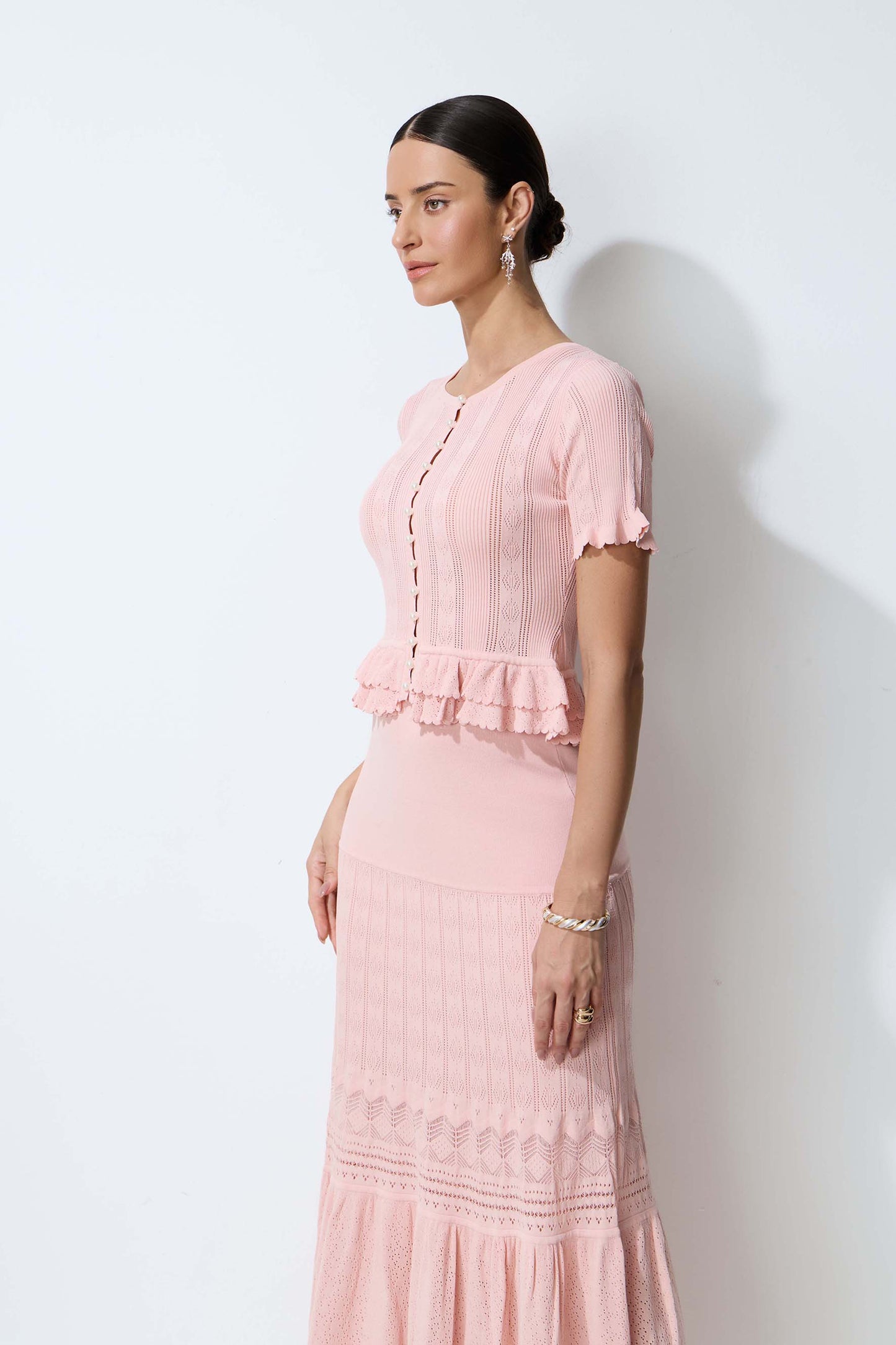 Sweetly Poised Pink Peplum Ruffle Knit Top & Skirt Set