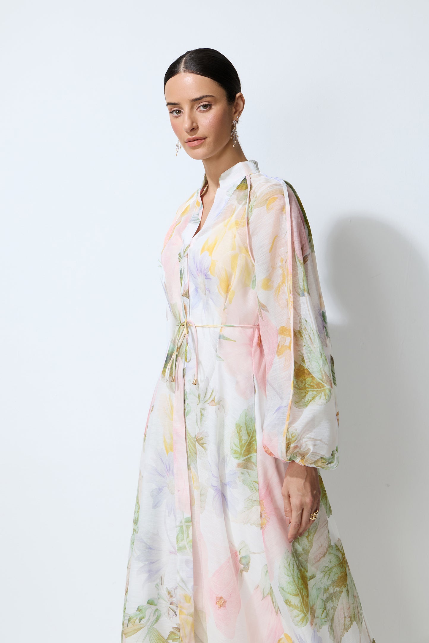 Petals in Motion White Floral Print Long Sleeve Maxi Dress