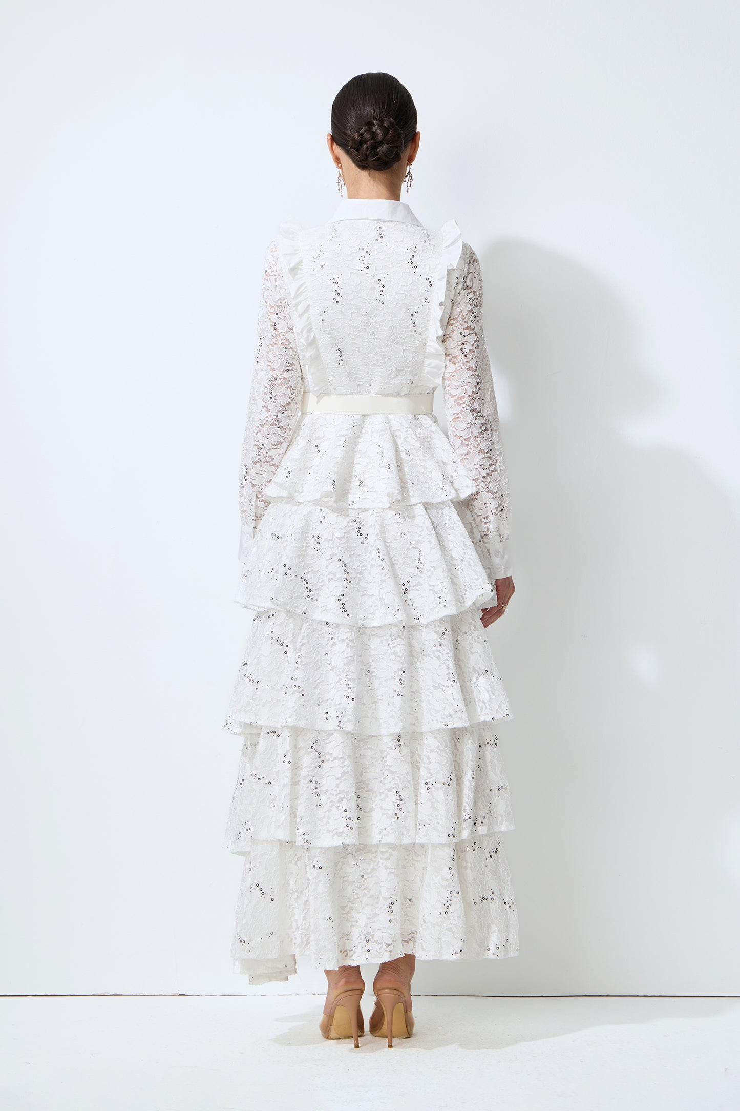 Sunkiss Veil White Sequin Embellished Tiered Lace Maxi Dress