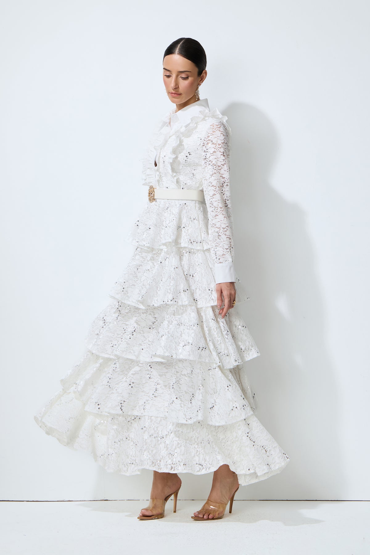 Sunkiss Veil White Sequin Embellished Tiered Lace Maxi Dress