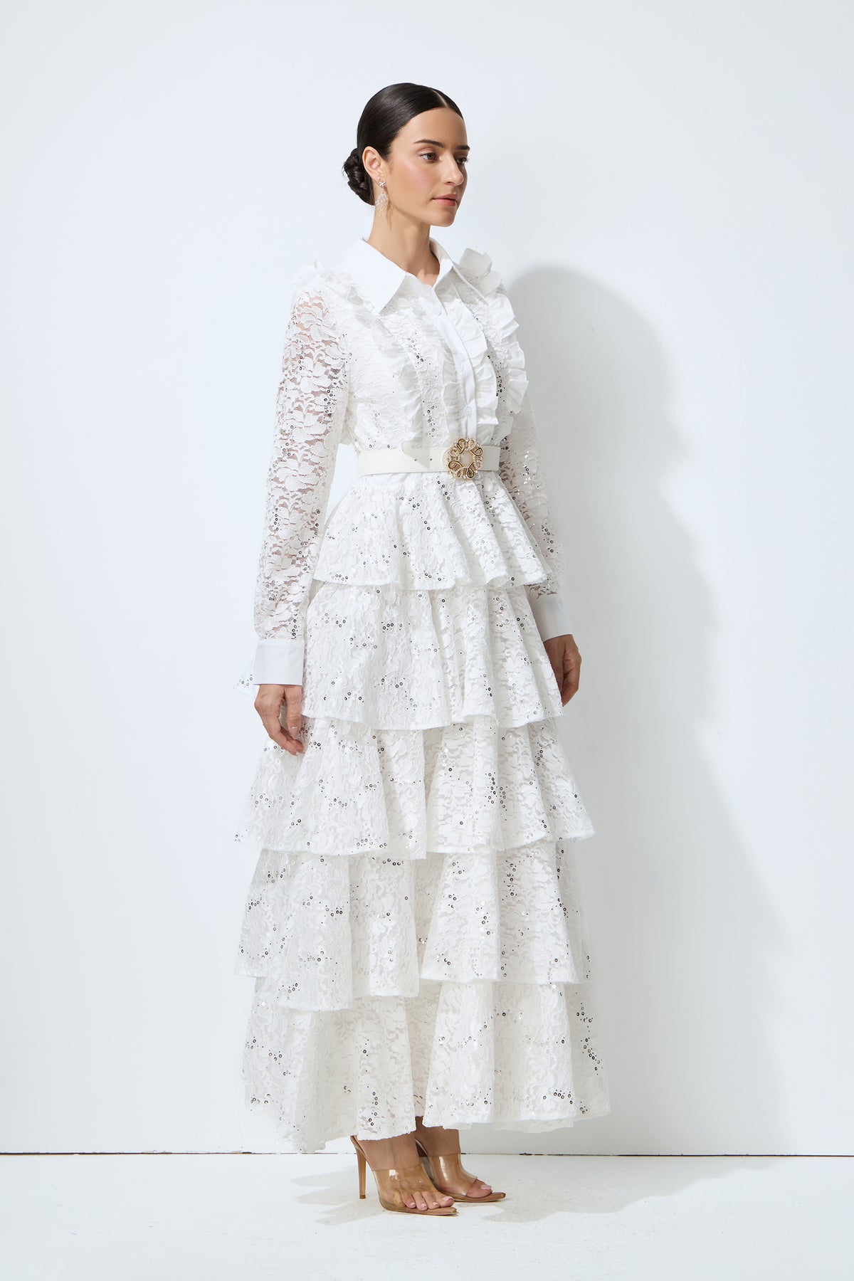 Sunkiss Veil White Sequin Embellished Tiered Lace Maxi Dress